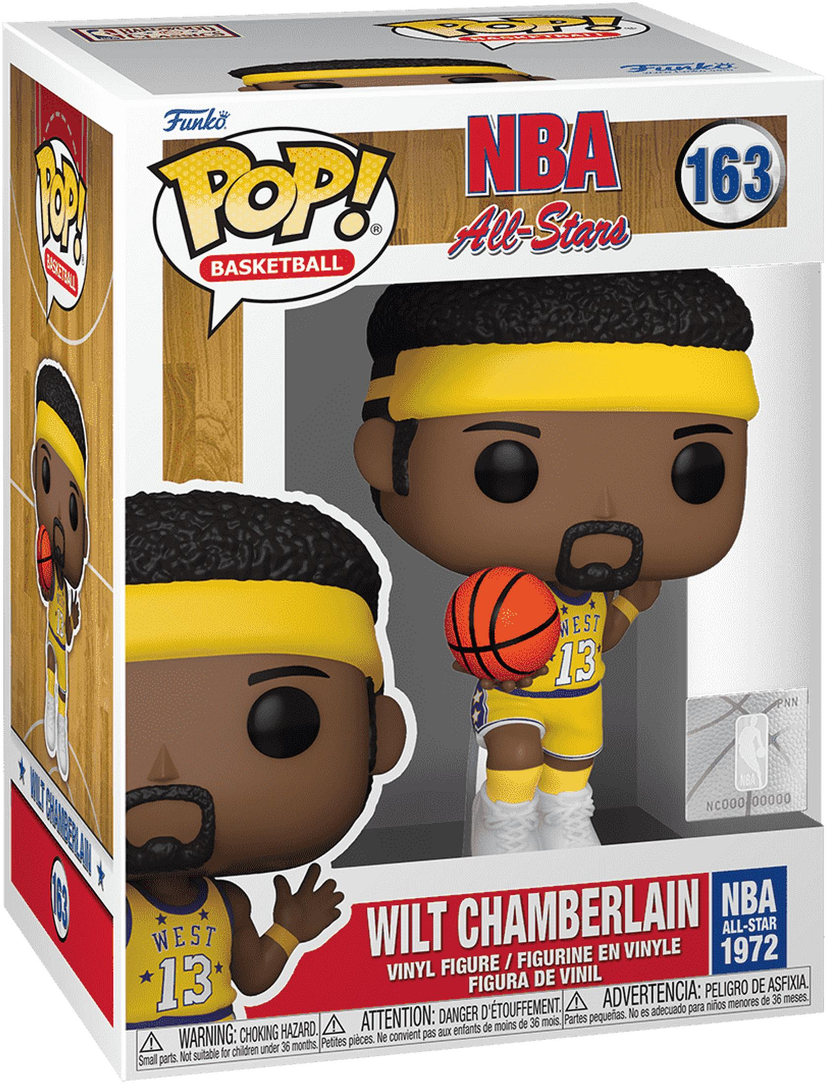 Figura Funko Pop! de Wilt Chamberlain con uniforme de baloncesto y balón.