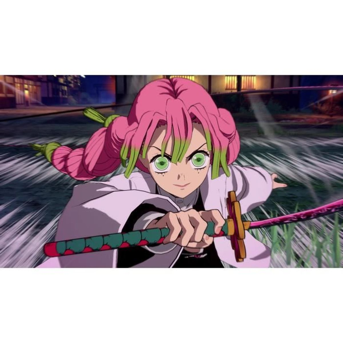 Una ragazza anime con capelli rosa e occhi verdi tiene una spada.