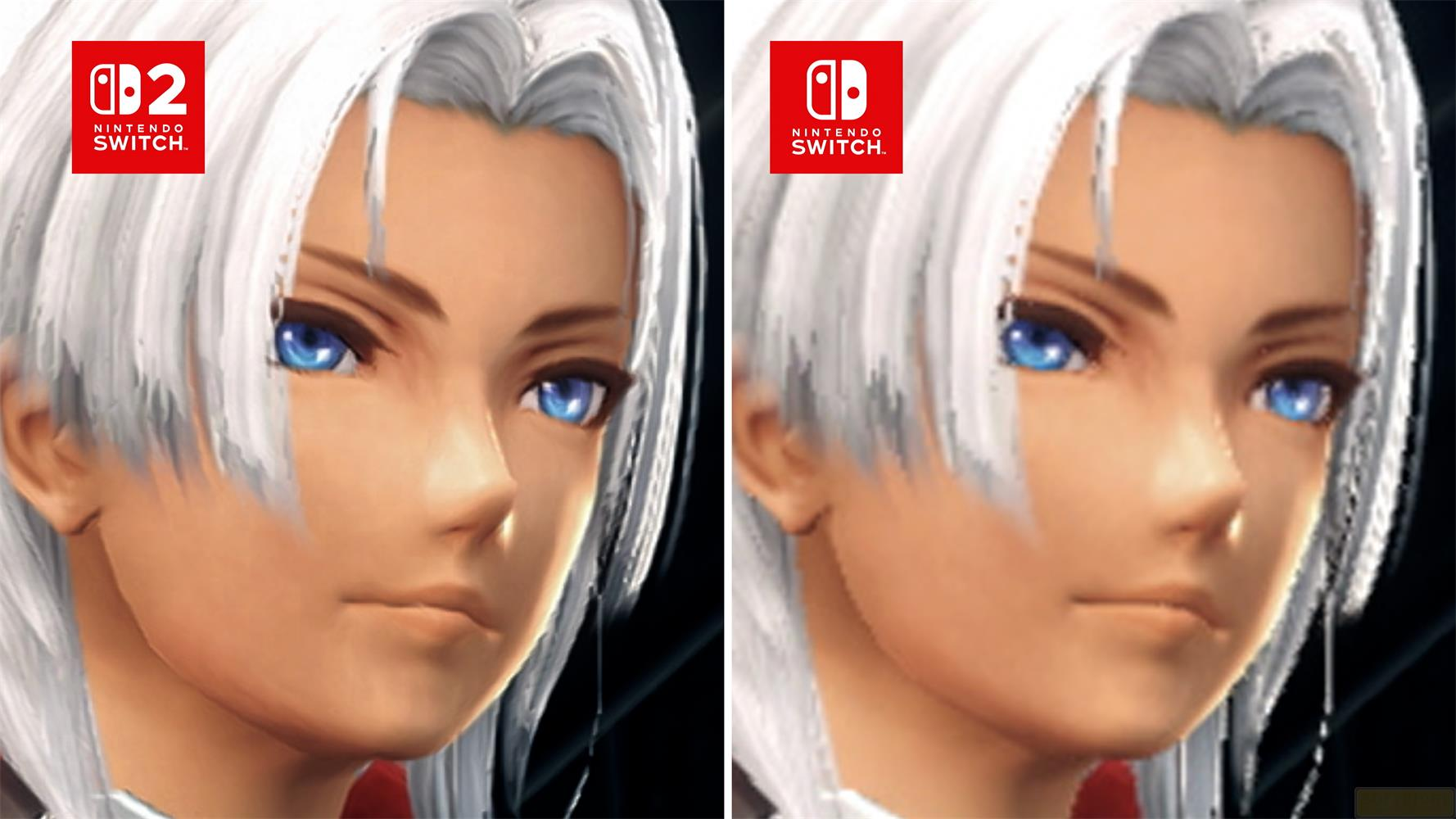 Dwa loga Nintendo Switch nad twarzami postaci z anime o białych włosach. Obok siebie.