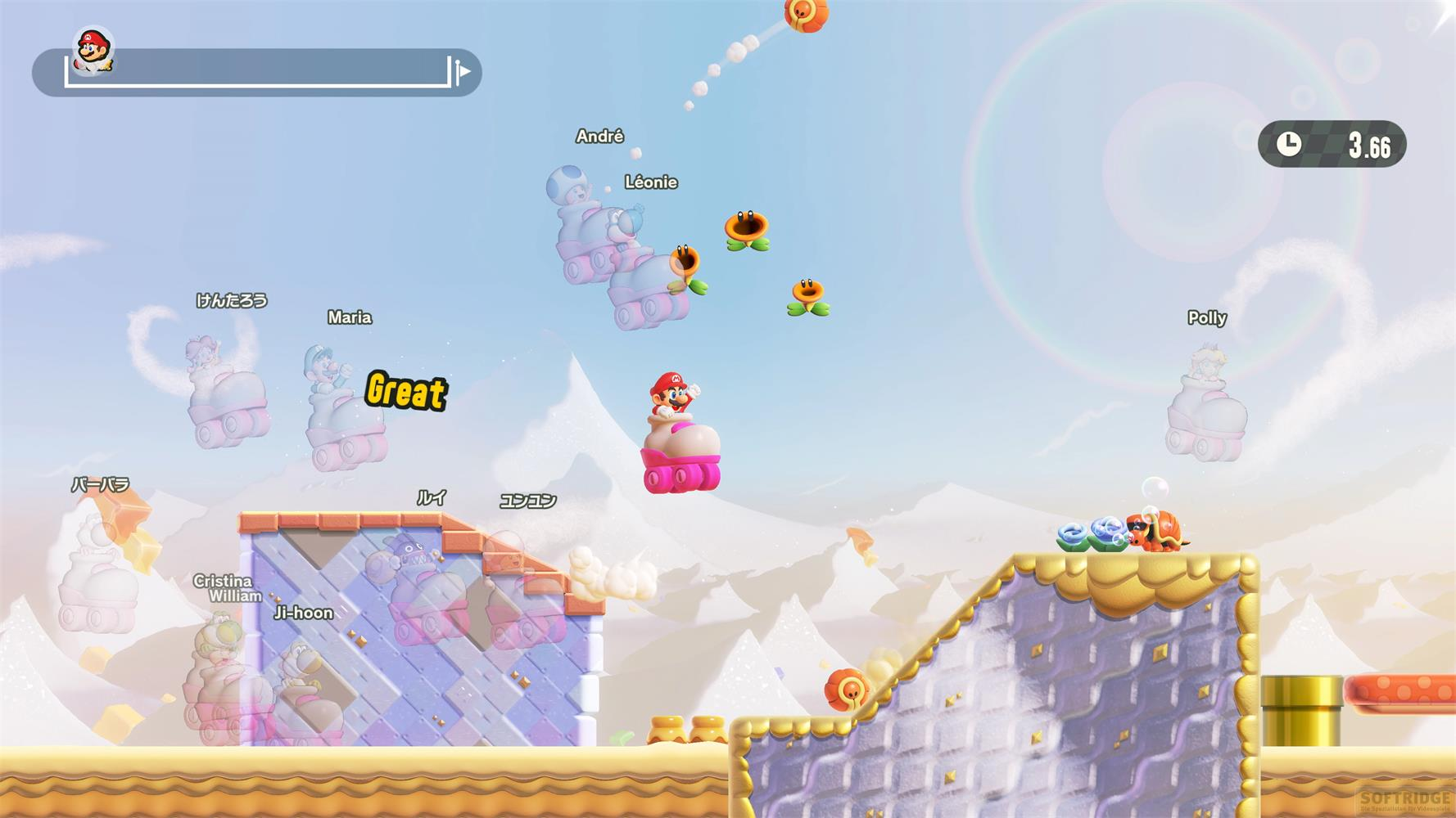 Mario w bucie jedzie po rampie, podczas gdy inni gracze unoszą się w bańkach.