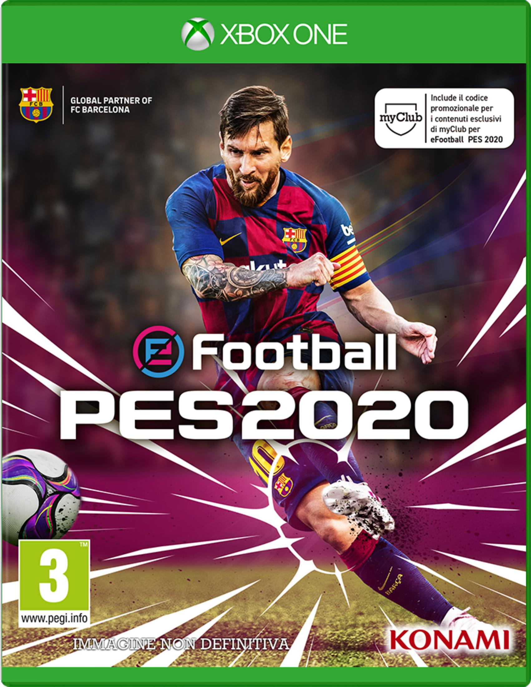 Lionel Messi in divisa da calcio pubblicizza eFootball PES 2020. Xbox One.