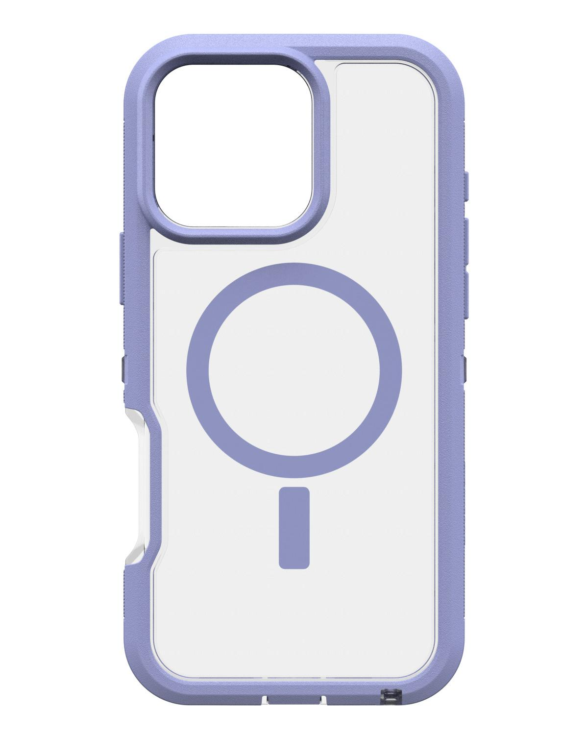 Eine durchsichtige Handyhülle mit lavendelfarbenem Rand und MagSafe-Ring.