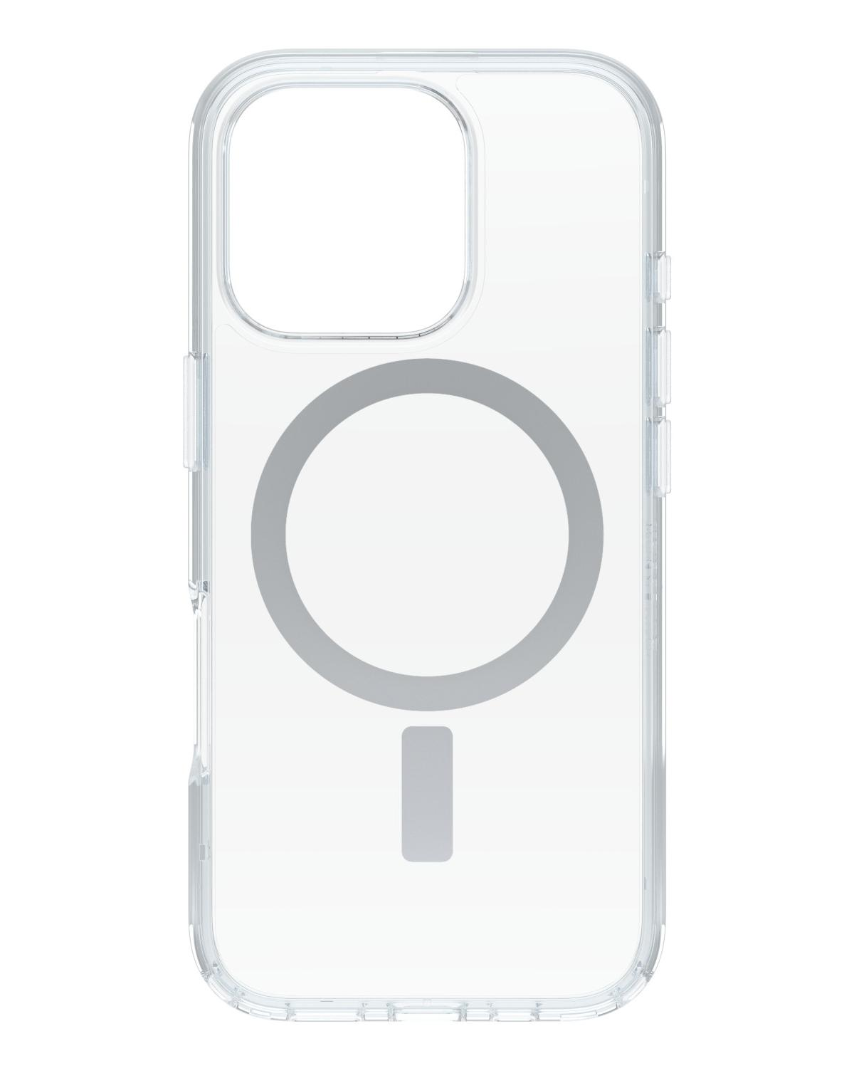 Transparente Handyhülle mit MagSafe-Ring und Ladeanzeige.