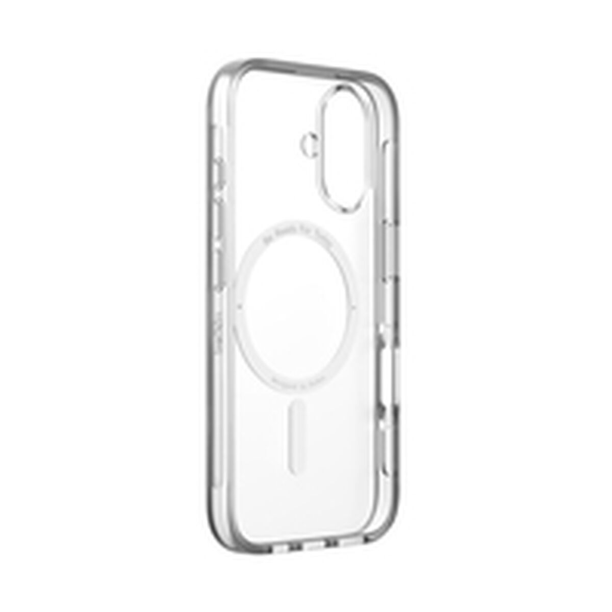 Custodia trasparente per telefono con anello magnetico su sfondo bianco.