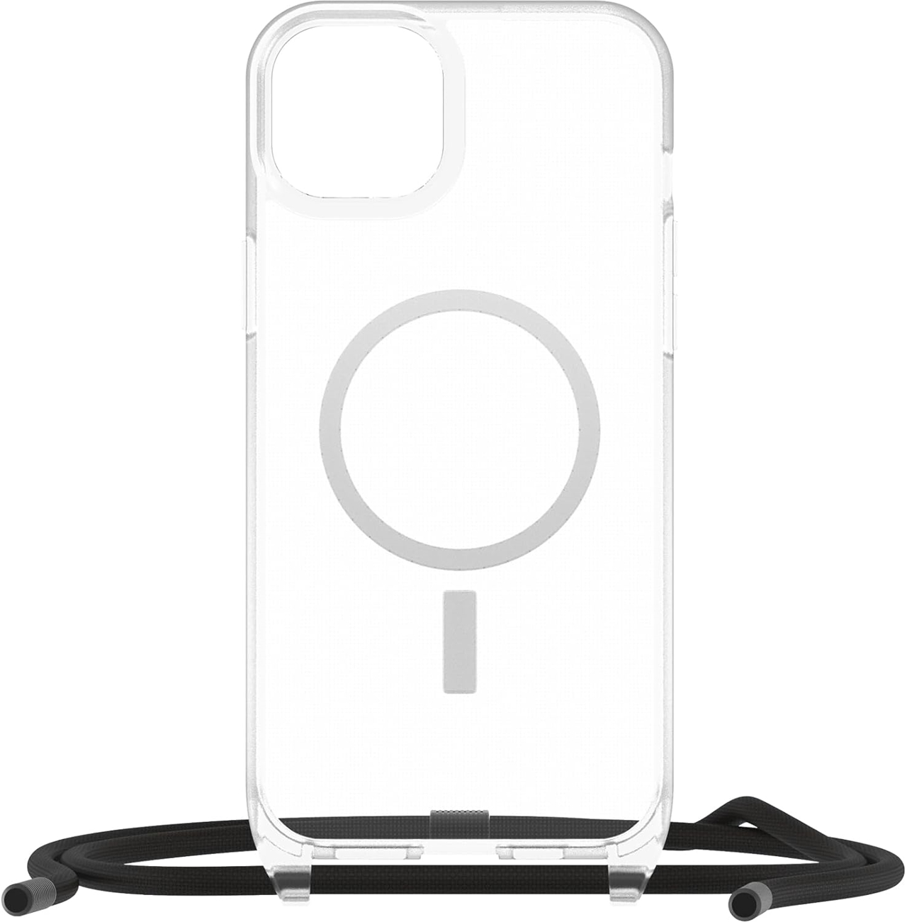 Transparente Handyhülle mit schwarzer Kordel und Magnetring.