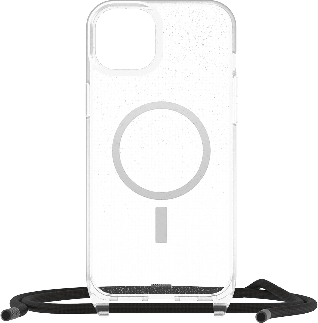 Transparente Handyhülle mit MagSafe-Ring und schwarzer Kordel.