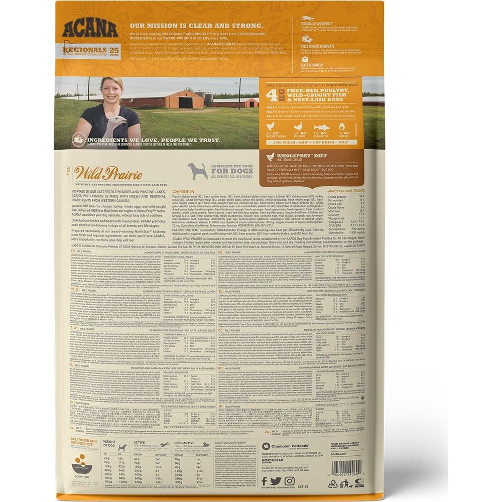 Hundefutter-Verpackung mit Bild einer Frau, einem Bauernhof und Details zu Inhaltsstoffen.