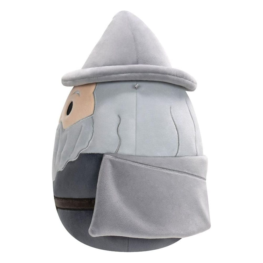 Plüschtier eines Zauberers mit grauem Hut, Bart und Robe auf weißem Grund.