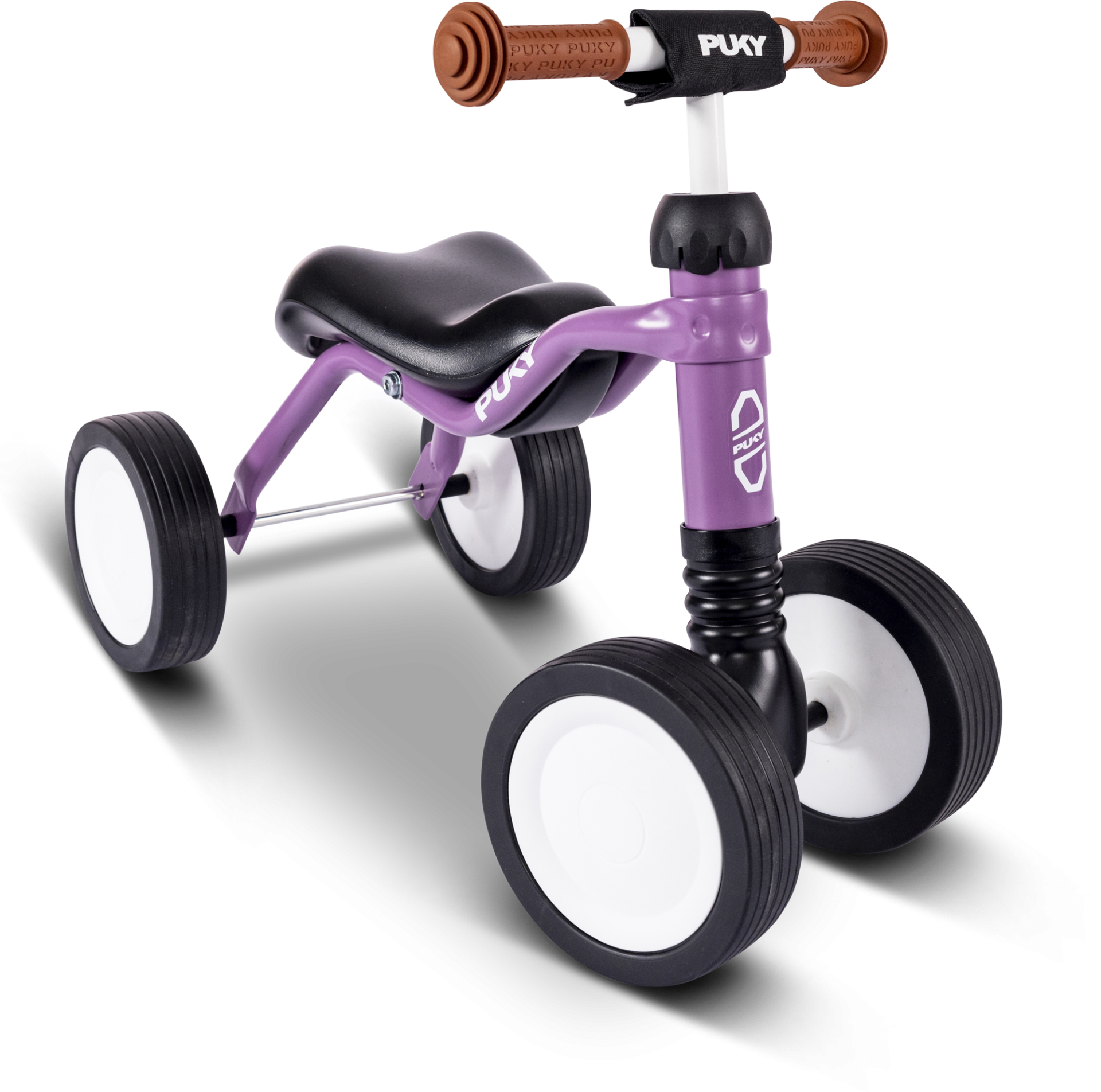 Bicicletta senza pedali Puky viola con manubrio e ruote nere, su sfondo bianco.