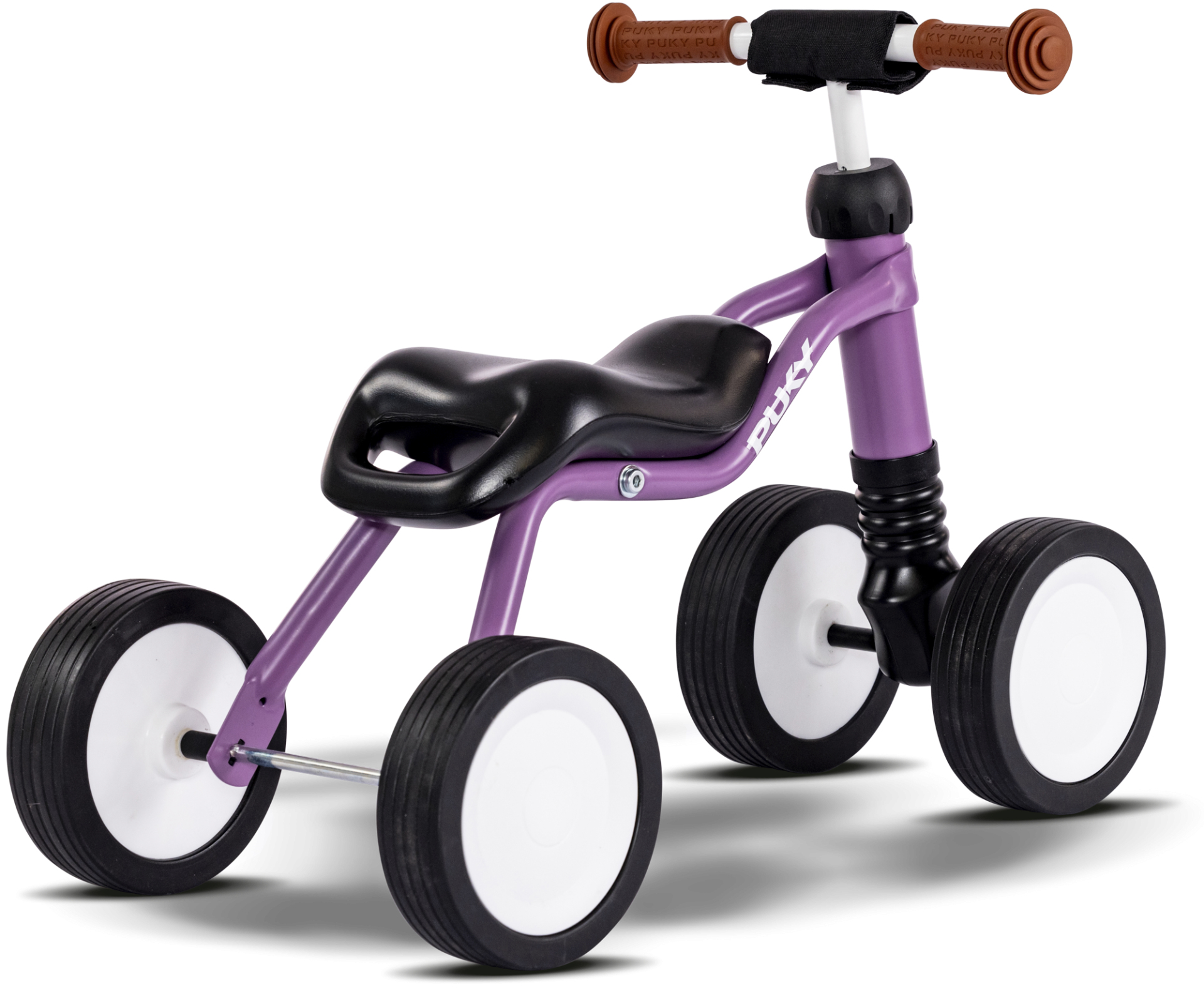 Una bici senza pedali Puky viola con manopole nere e sella nera.