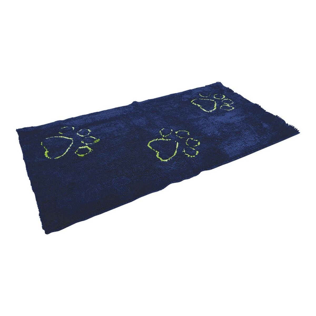 Tappeto blu scuro con tre impronte di zampe verde lime. Sfondo bianco.