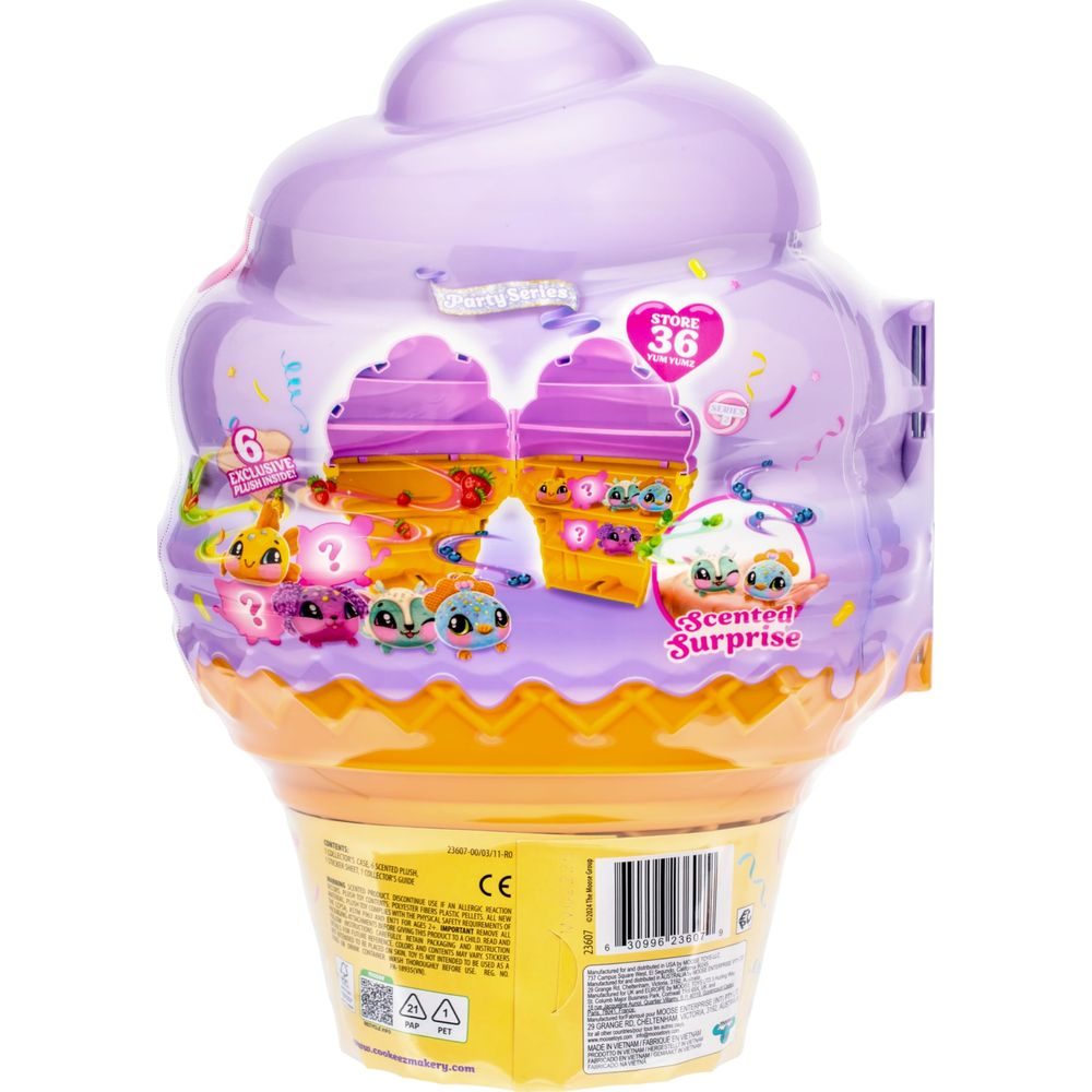 Emballage violet en forme de glace avec des peluches mignonnes et le texte 'Scented Surprise'.