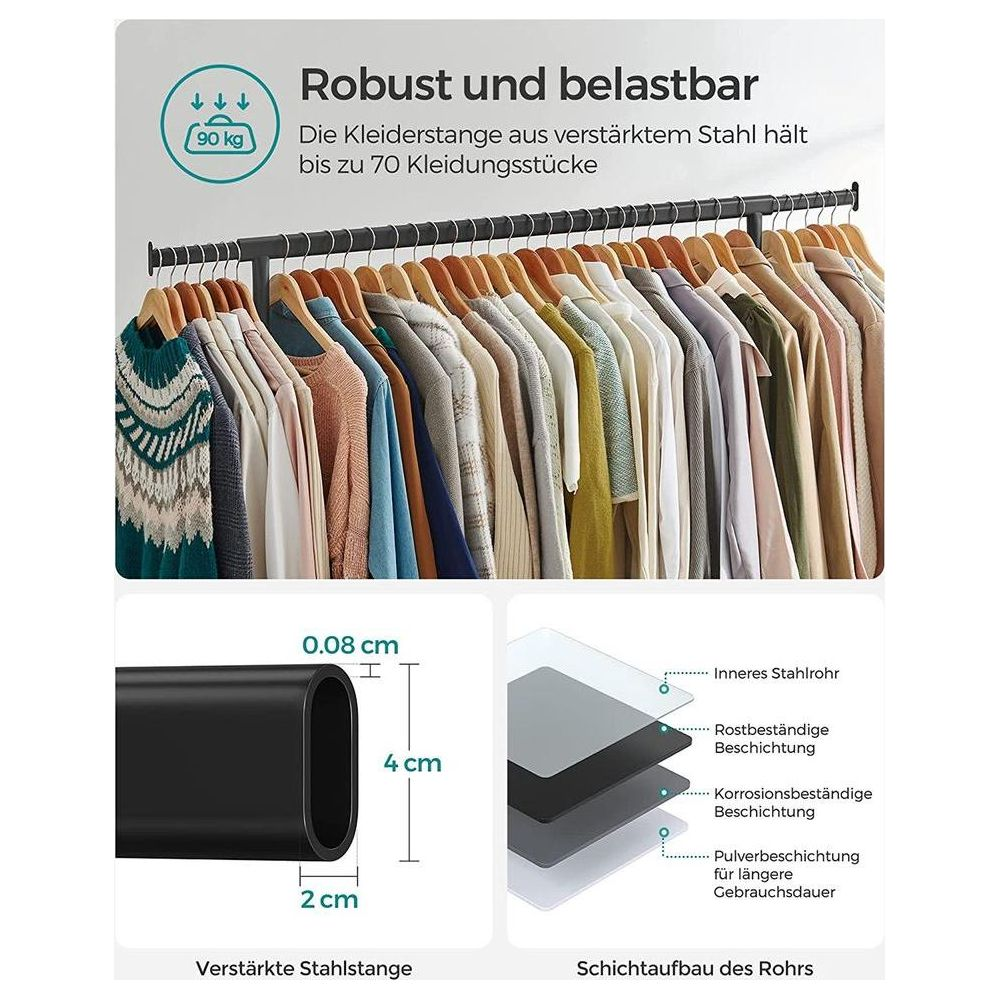 Porte-vêtements robuste en acier, 90 kg de charge, 70 vêtements.