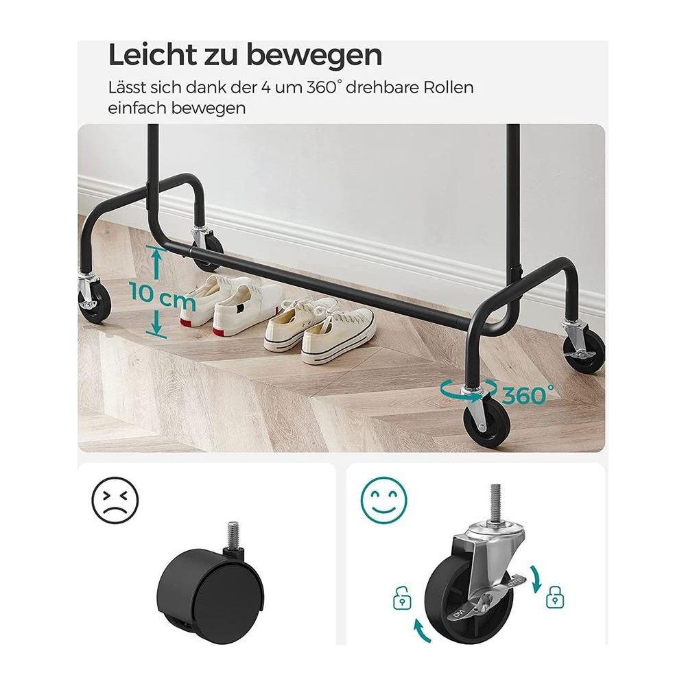 Porte-vêtements à roulettes pivotantes à 360°, hauteur 10 cm.