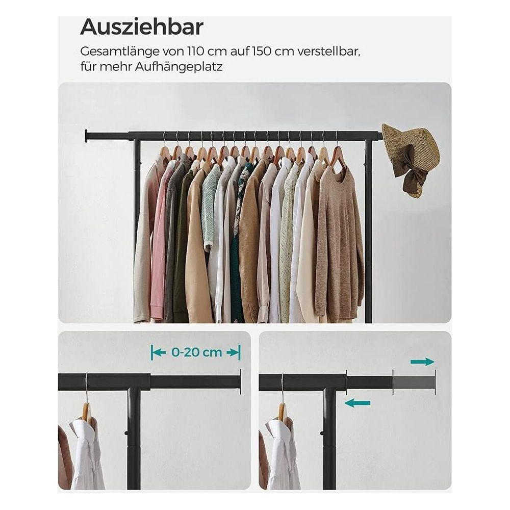 Portant à vêtements, extensible de 110-150 cm. Montre réglage de longueur.