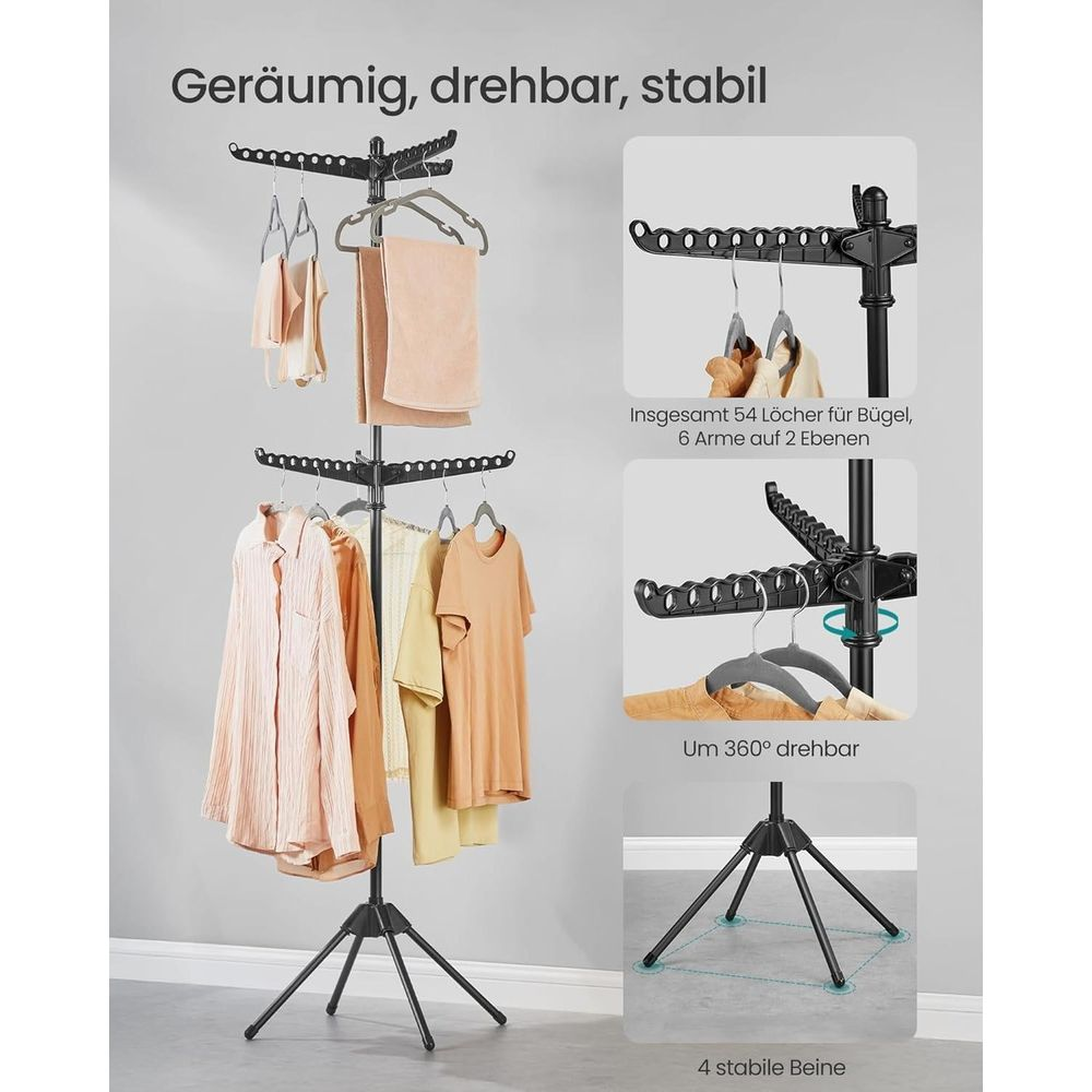 Ein drehbarer Kleiderständer mit 4 Beinen, beladen mit Kleidung und Handtüchern.