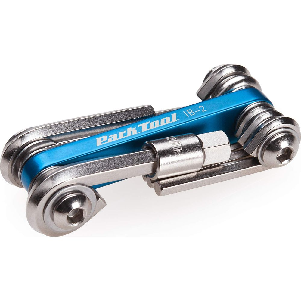 Ein blauer Multitool-Schlüssel mit silbernen Werkzeugen. Beschriftet mit Park Tool IB-2.