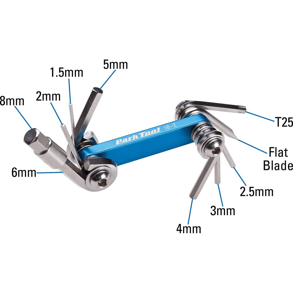 Ein blauer Park Tool IB-2 Mehrzweckschlüssel mit verschiedenen Sechskant- und Torx-Bits.