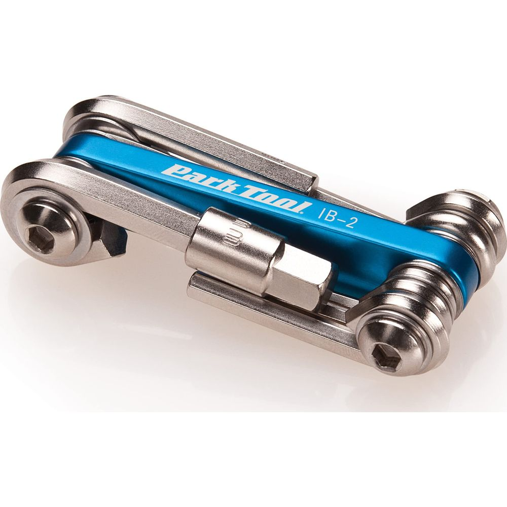 Ein blaues und silbernes Multitool für Fahrräder mit eingeklappten Werkzeugen.