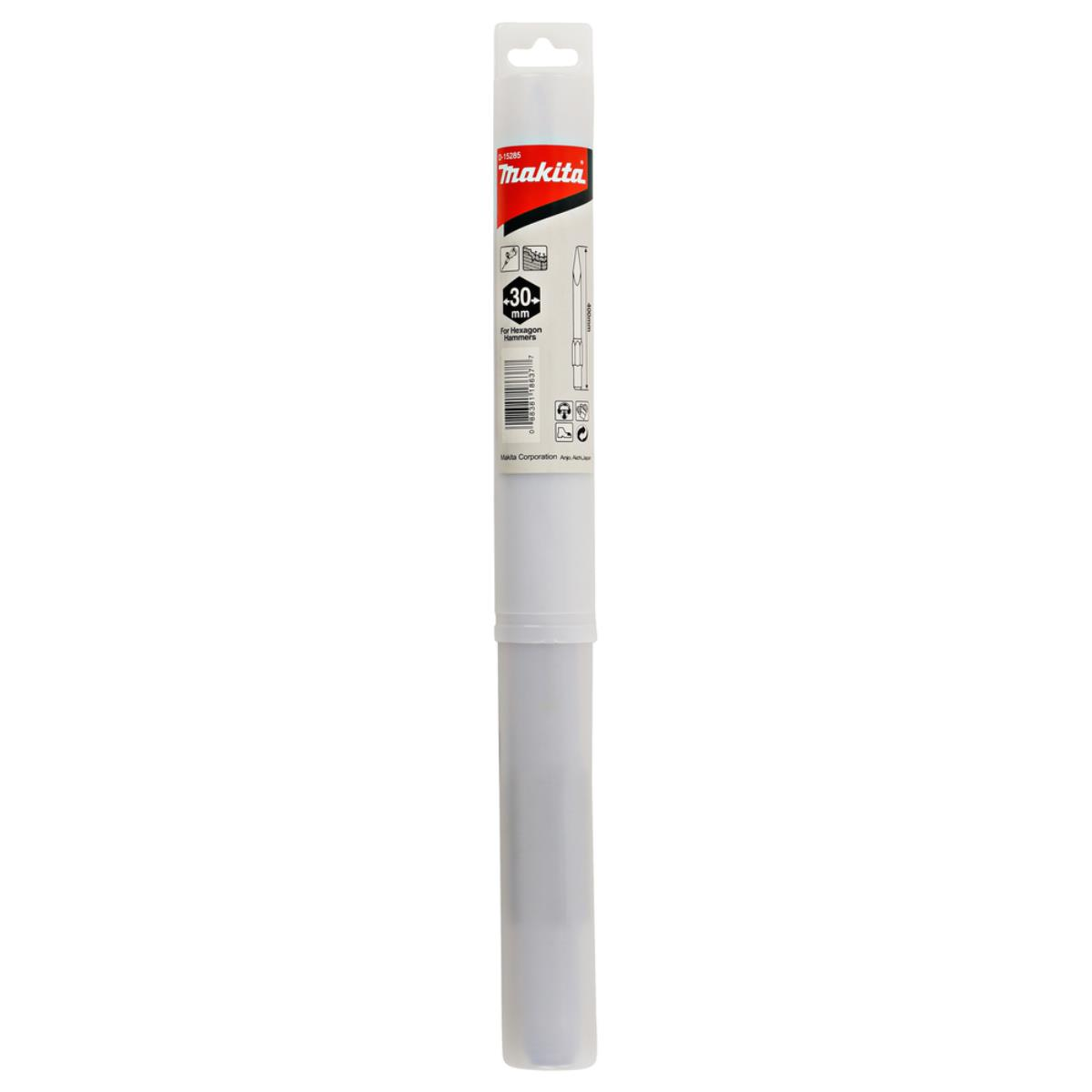 Makita 30-mm-Meißel in transparenter Kunststoffröhrenverpackung mit Produktdetails.