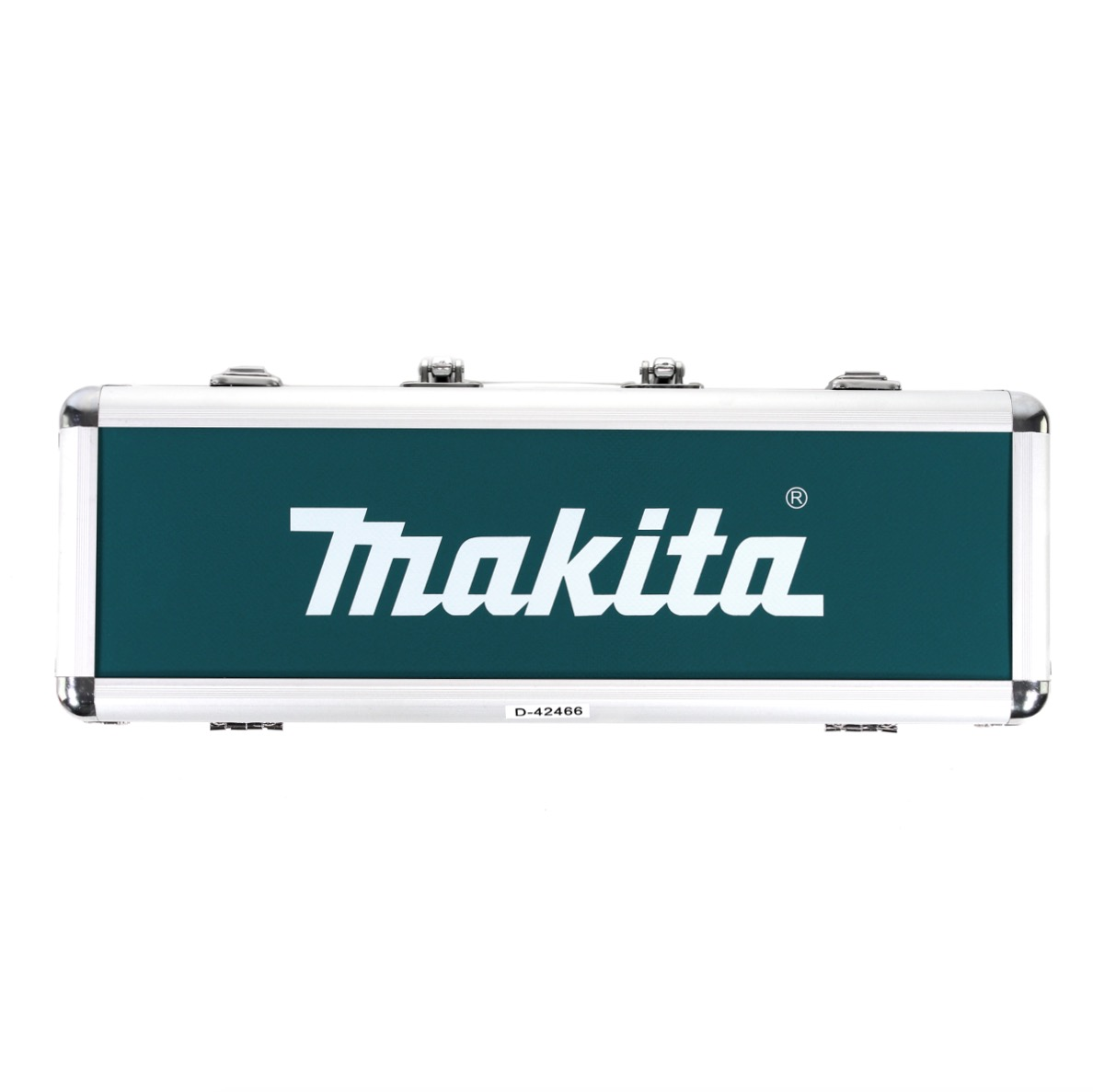 Eine silberne Werkzeugkiste mit türkisfarbenem Band und dem weißen Makita-Logo.