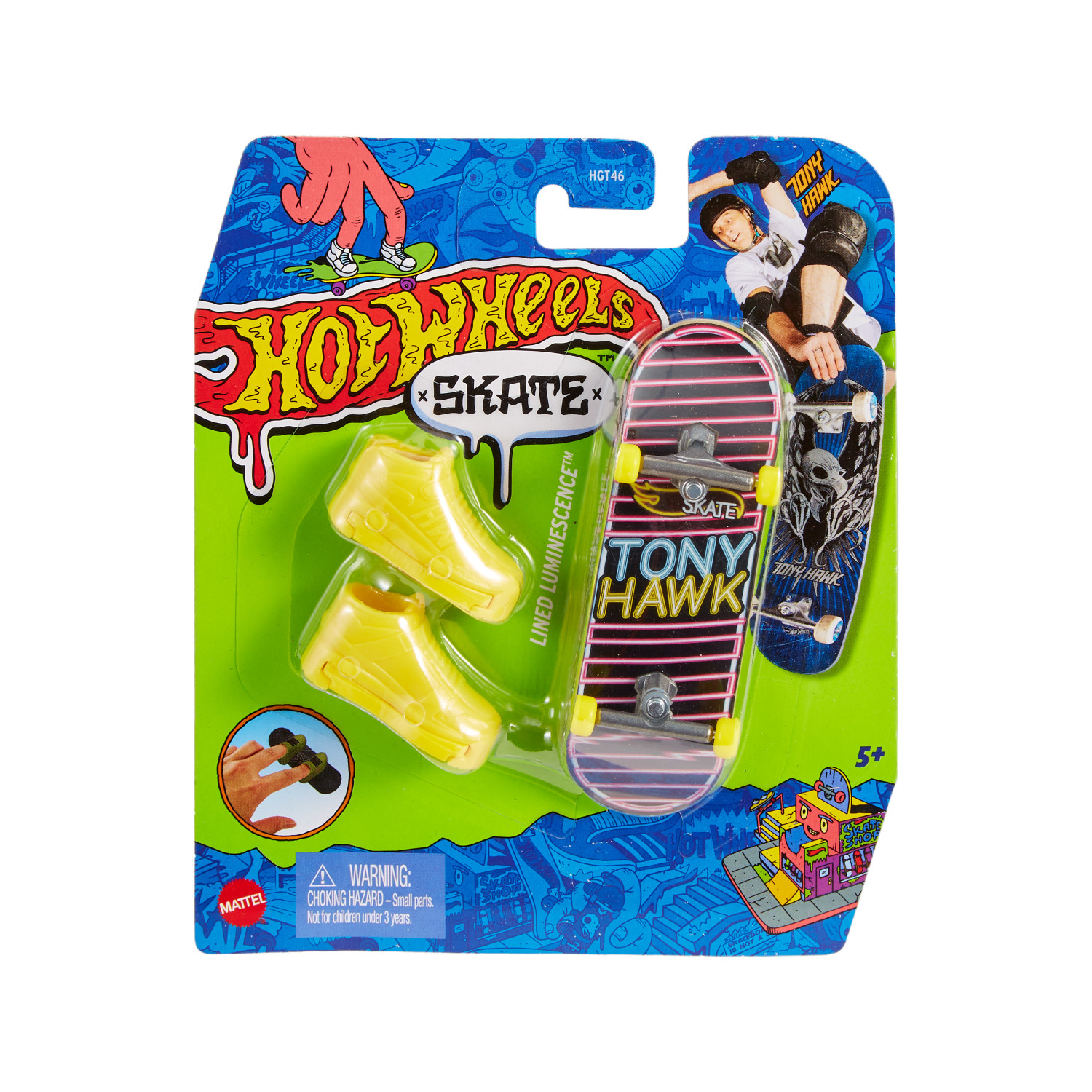 Hot Wheels Skate Spielzeugset mit gelben Schuhen, Tony Hawk Skateboard und Mini-Skateshop.