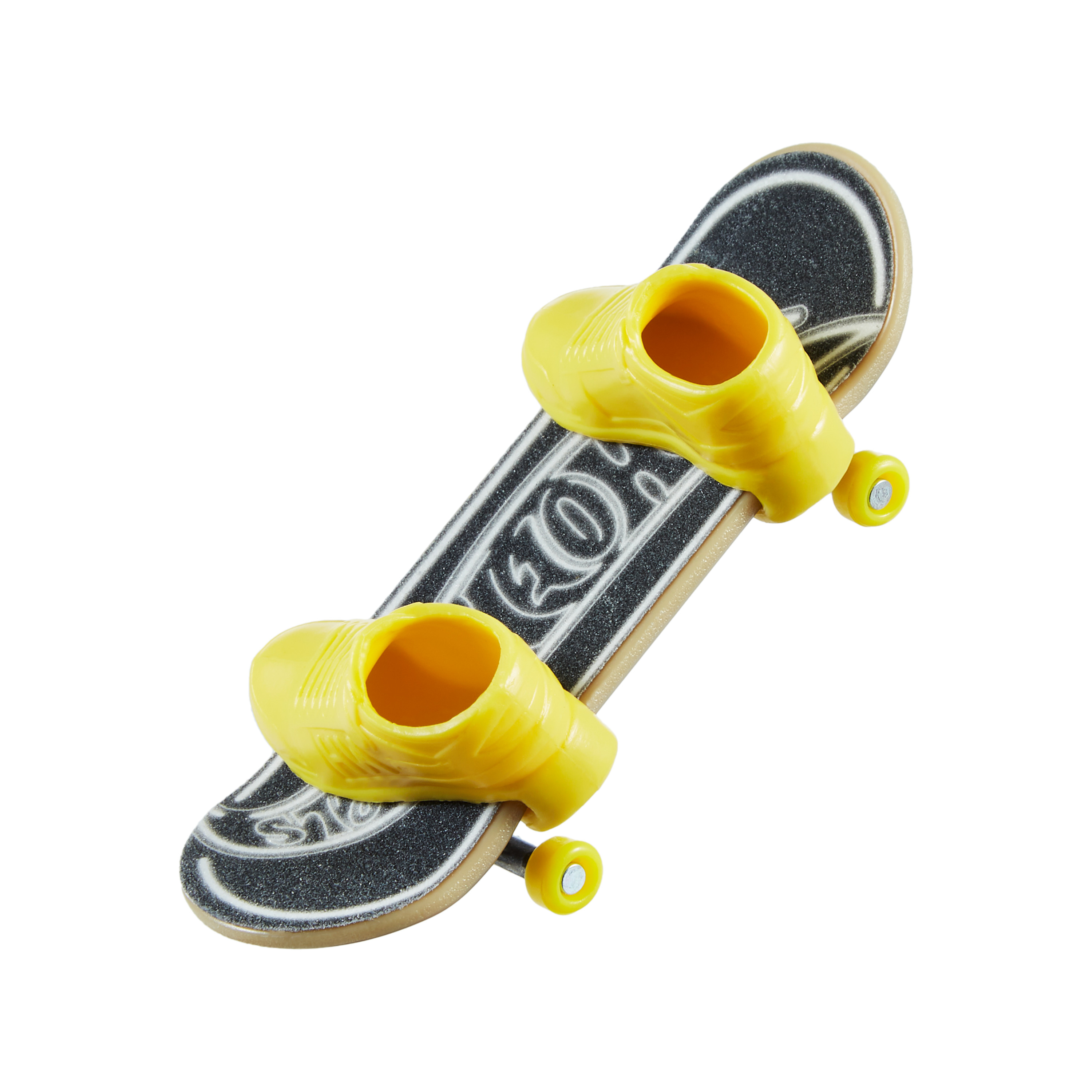 Ein gelber Finger-Skateboard mit zwei gelben Schuhen darauf.