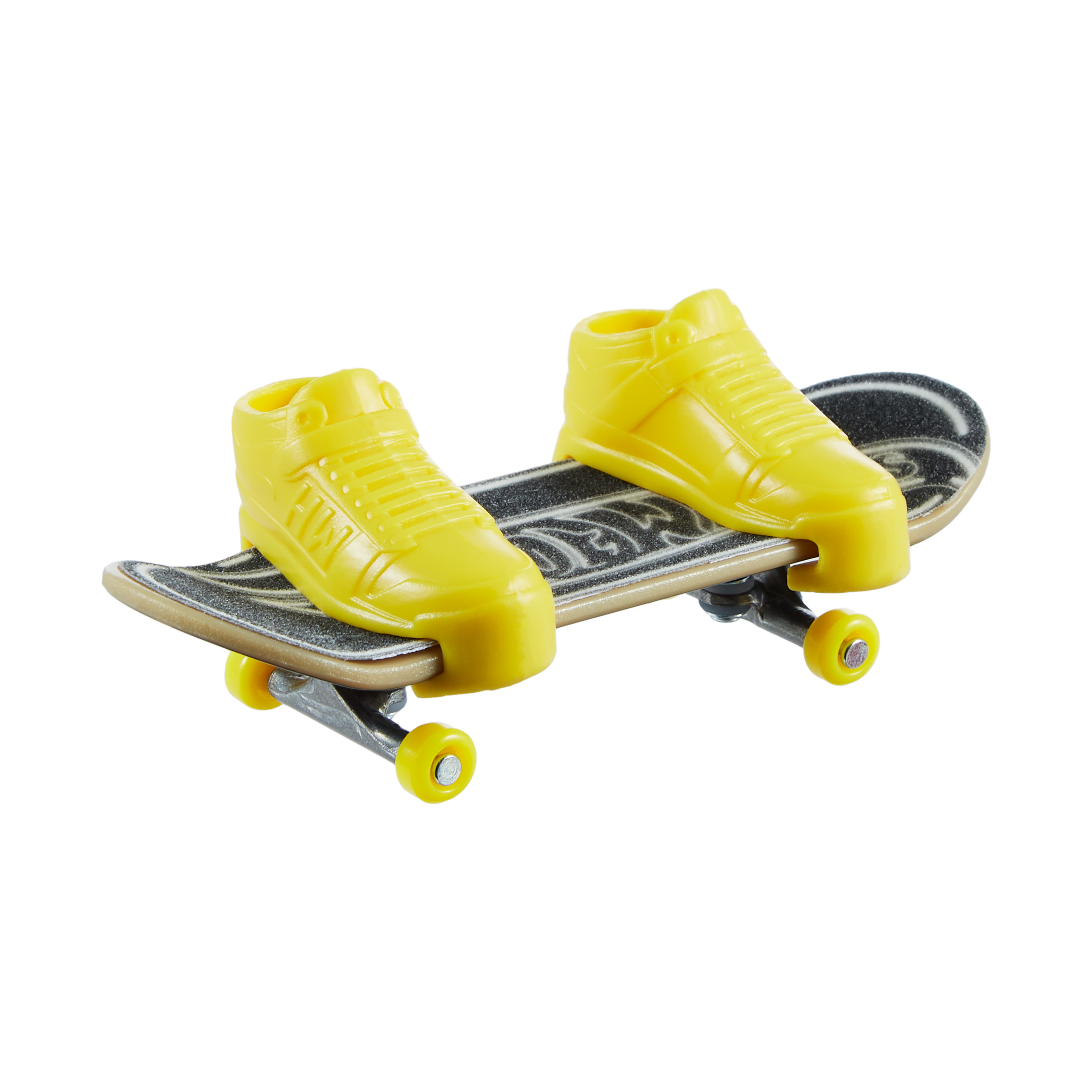 Ein gelber Finger-Skateboard mit gelben Schuhen darauf.