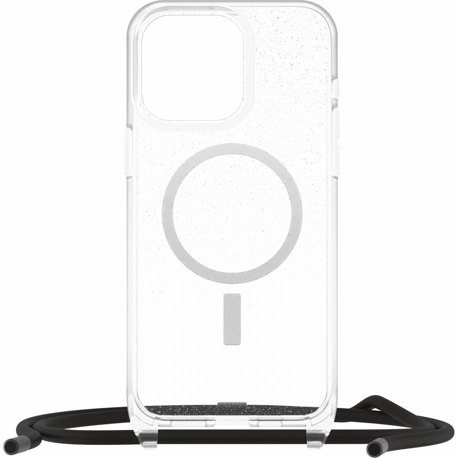 Transparente Hülle mit Magnetring und schwarzem Riemen.