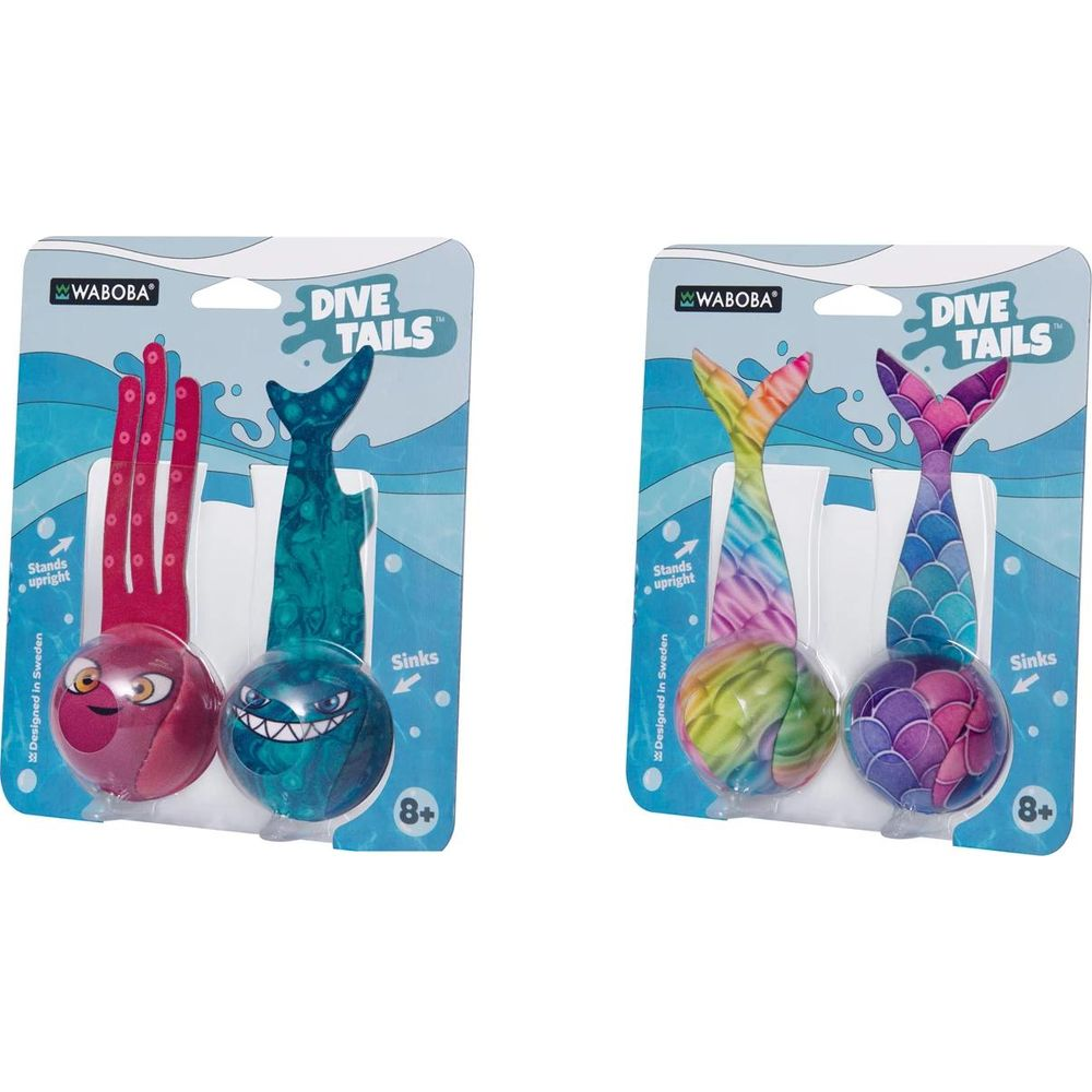 Zwei Waboba Dive Tails Spielzeuge: eins mit roter Hand und Ball, eins mit Meerjungfrauenflossen und bunten Bällen.