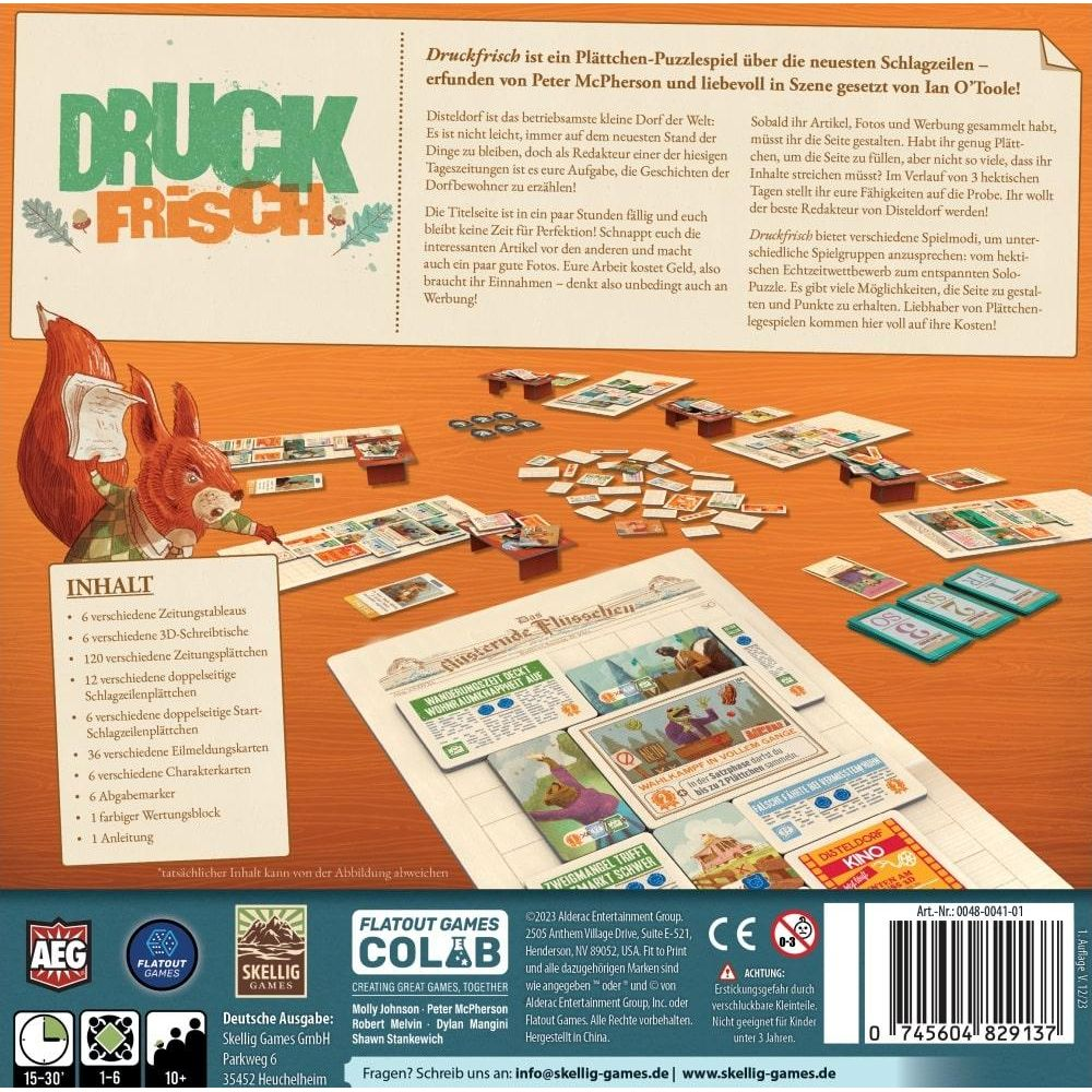 Brettspiel 'Druckfrisch' mit Fuchs, Zeitungsseiten und Spielmaterialien.