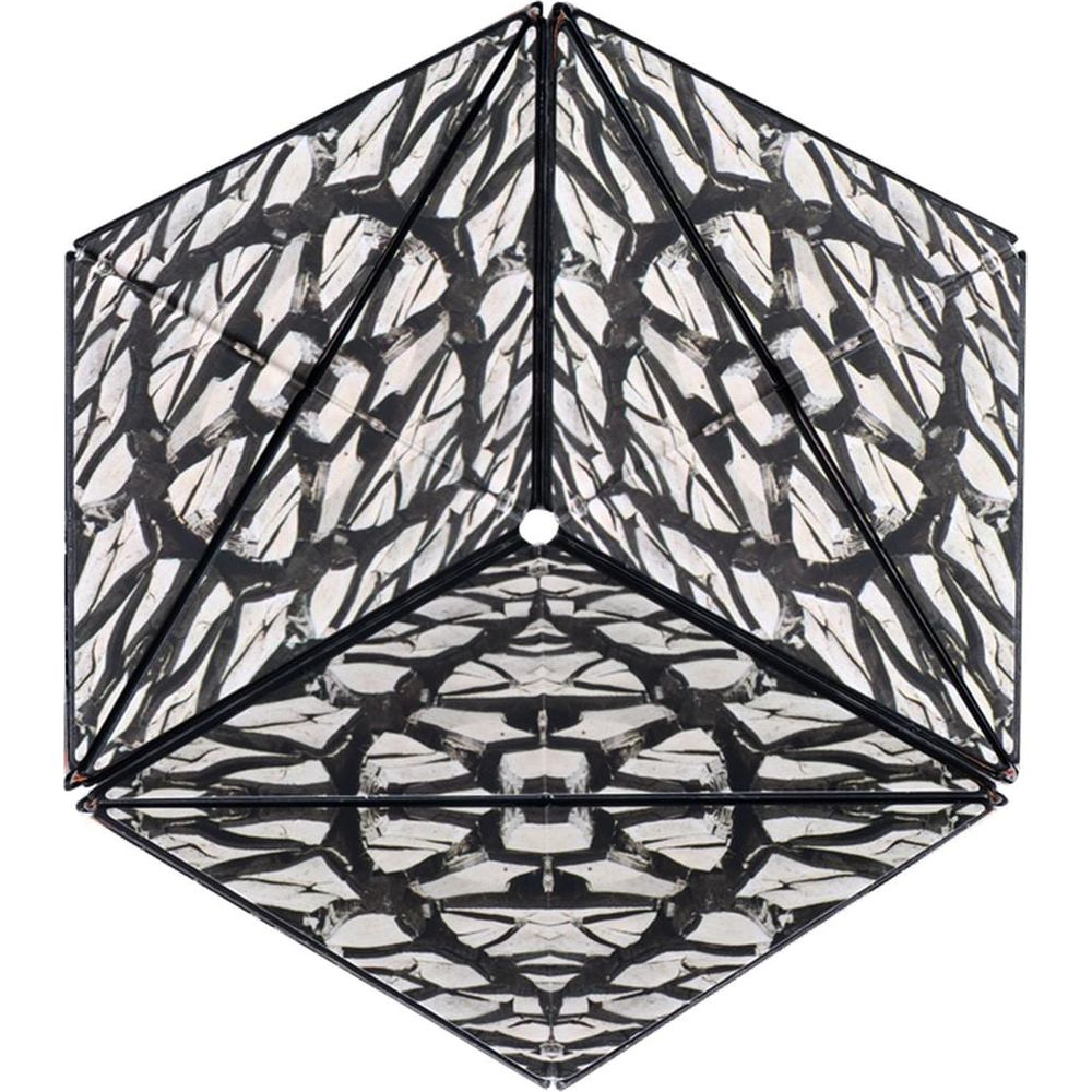 Un cubo sfaccettato bianco e nero con un motivo di linee curve.