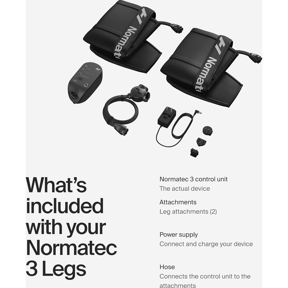 Normatec 3 Legs Kompressionssystem: Steuereinheit, zwei Beinaufsätze, Schlauch, Netzteil.