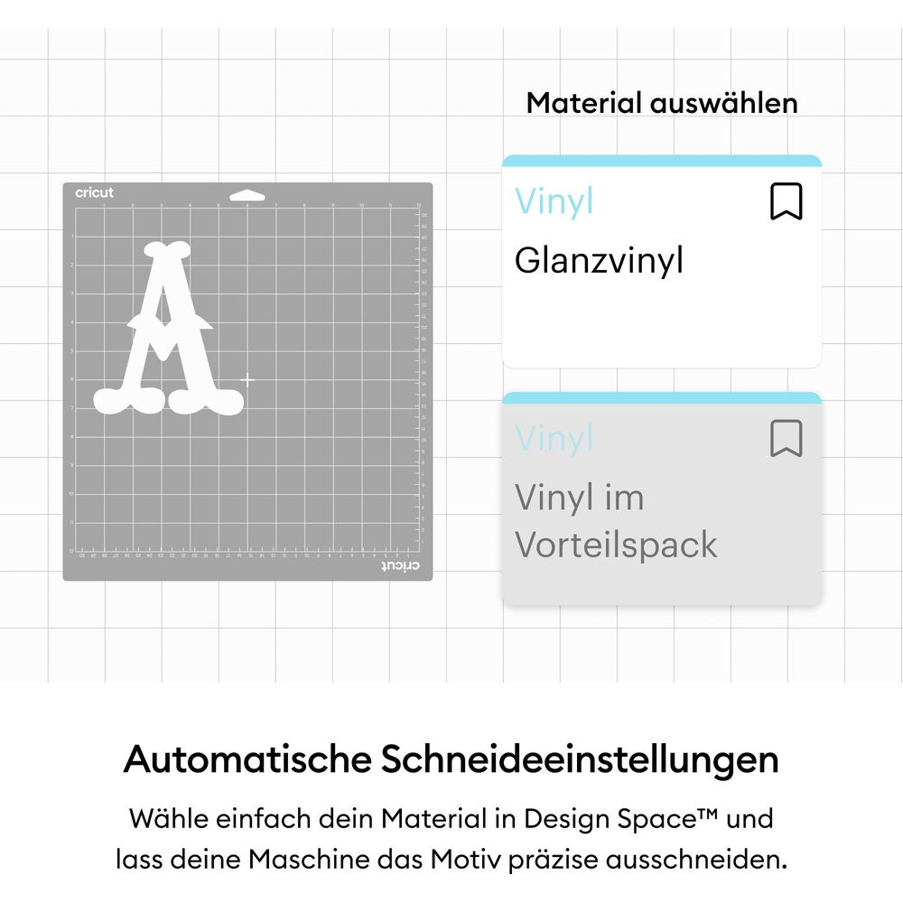 Graue Schneidematte mit weißem 'A'-Motiv und Materialauswahl.