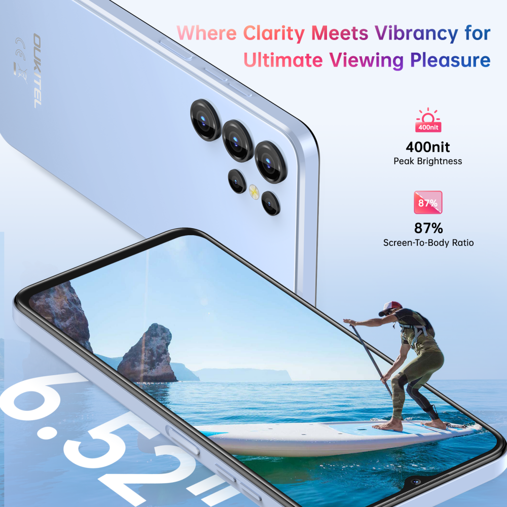Un smartphone azul claro con tres cámaras. La pantalla muestra a un hombre en una tabla de surf.