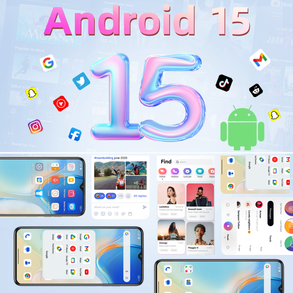 Logotipo de Android 15 con iconos de apps, capturas de pantalla de smartphones y feeds.