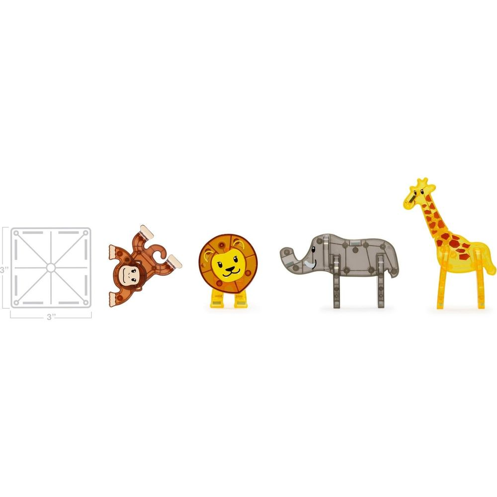 Une échelle et quatre figurines d'animaux : singe, lion, éléphant et girafe.
