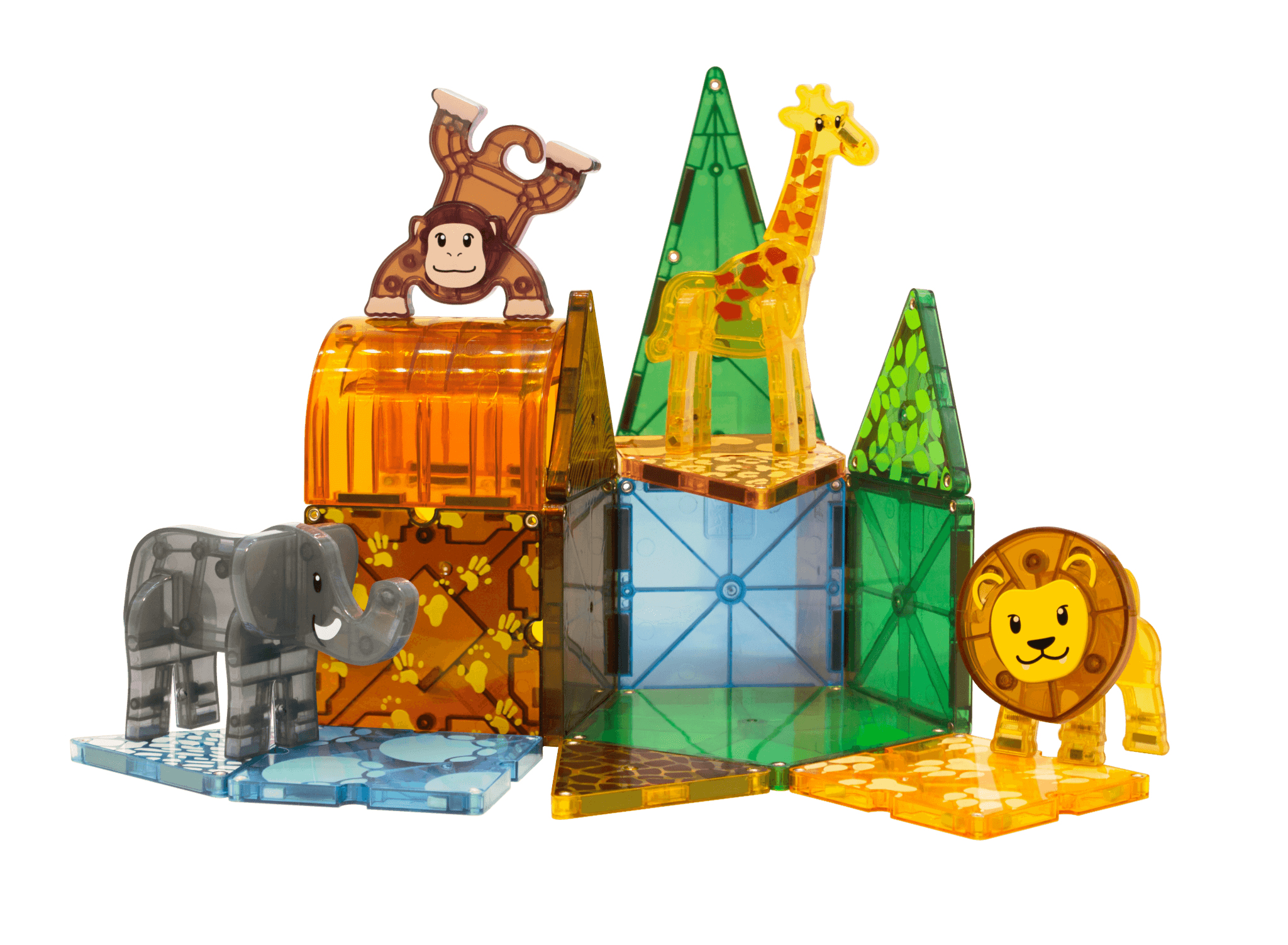 Une vitrine de jouets avec un éléphant, un singe, une girafe et un lion.