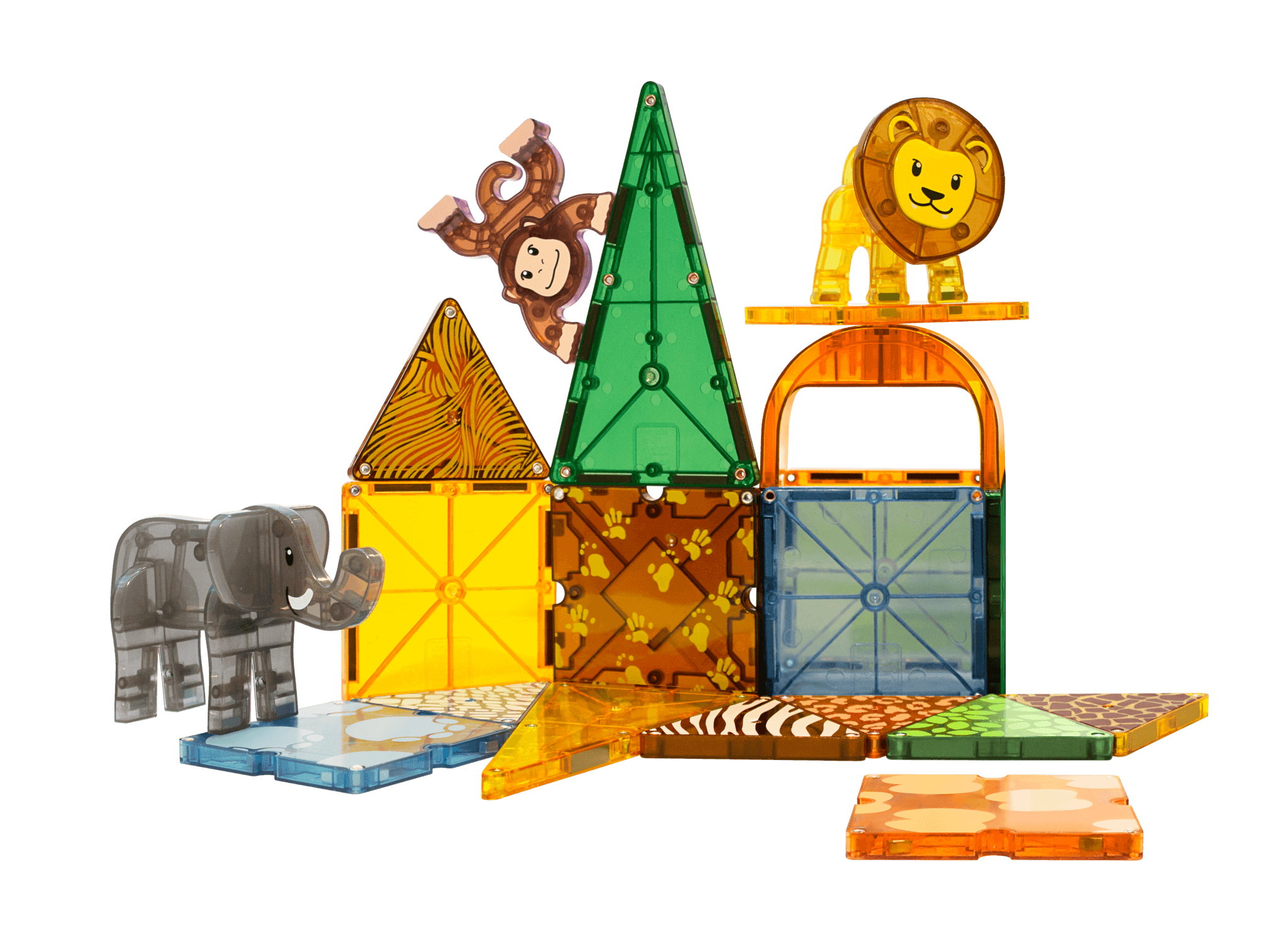 Un éléphant jouet, un singe, un lion et des blocs de construction magnétiques.