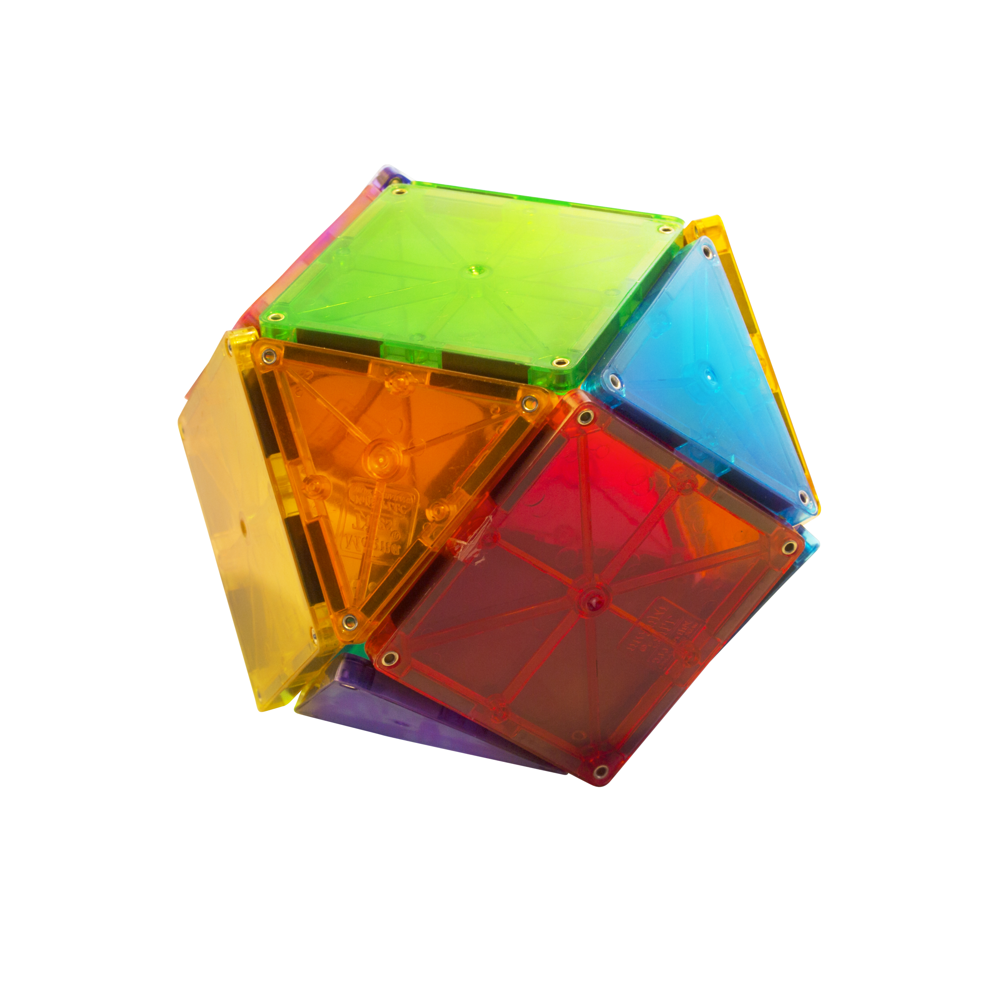 Un objet géométrique fait de blocs de construction magnétiques colorés et translucides.