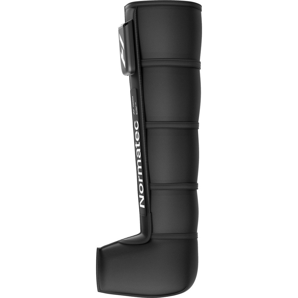 Botte de compression noire avec logo Normatec, isolée sur fond blanc.