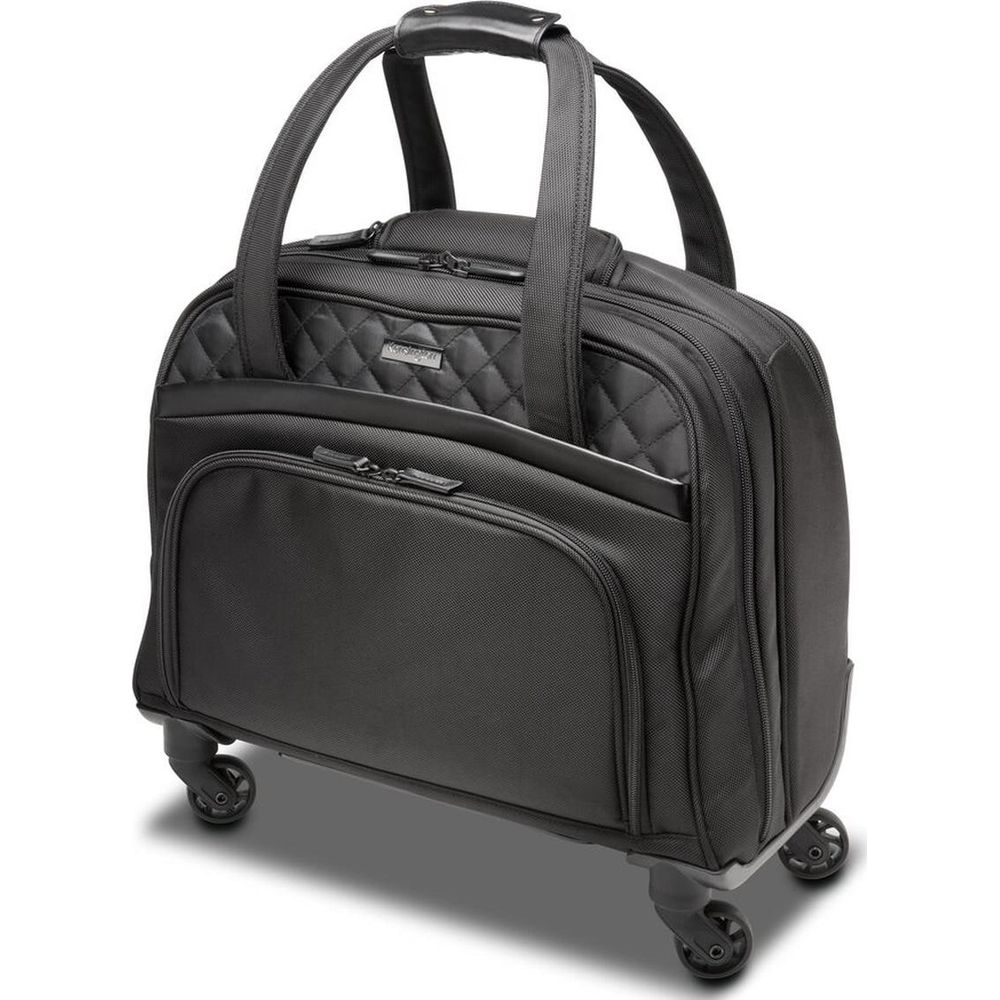 Schwarze Rollkoffertasche mit gestepptem Detail und Tragegriffen.