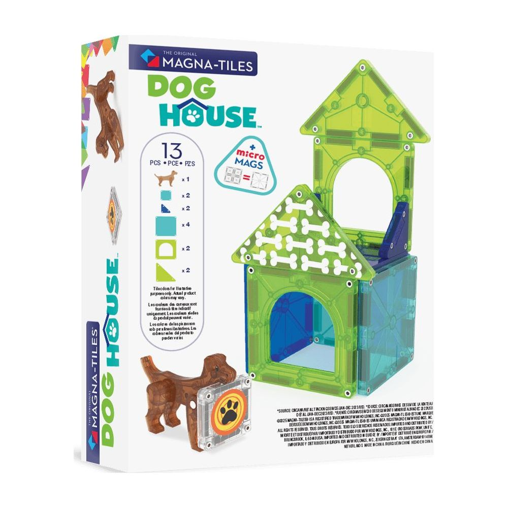 Magna-Tiles Dog House Bauspielzeug mit Hundefigur und Hundehäuschen-Modell.