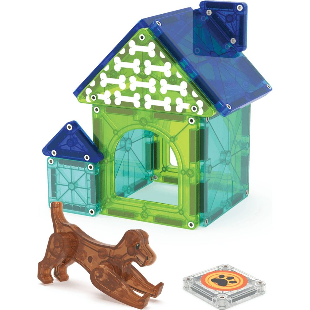 Ein durchsichtiges grünes und blaues Spielzeughaus mit Hund und Pfotenabdruck.