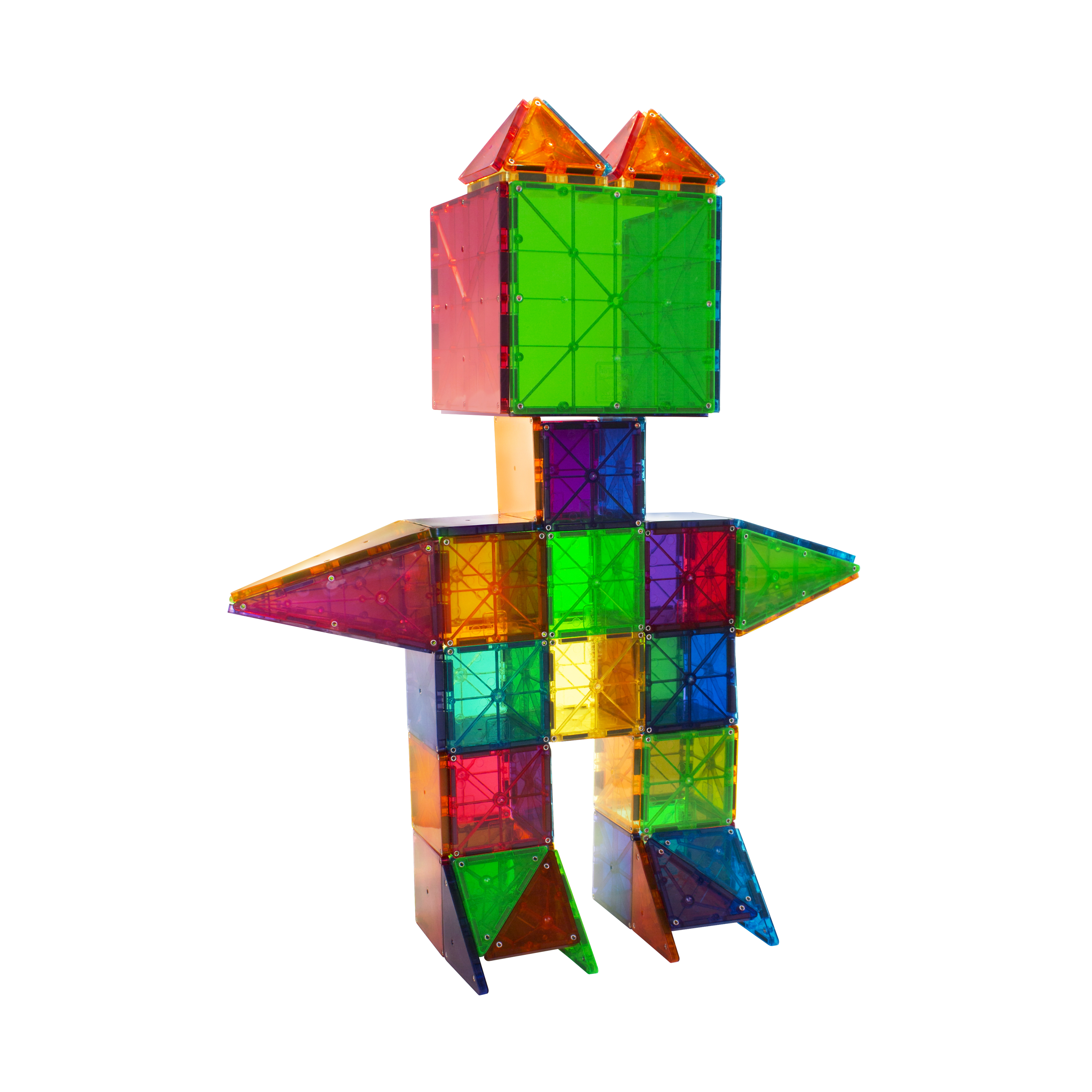 Une figurine colorée faite de blocs magnétiques sur fond blanc.