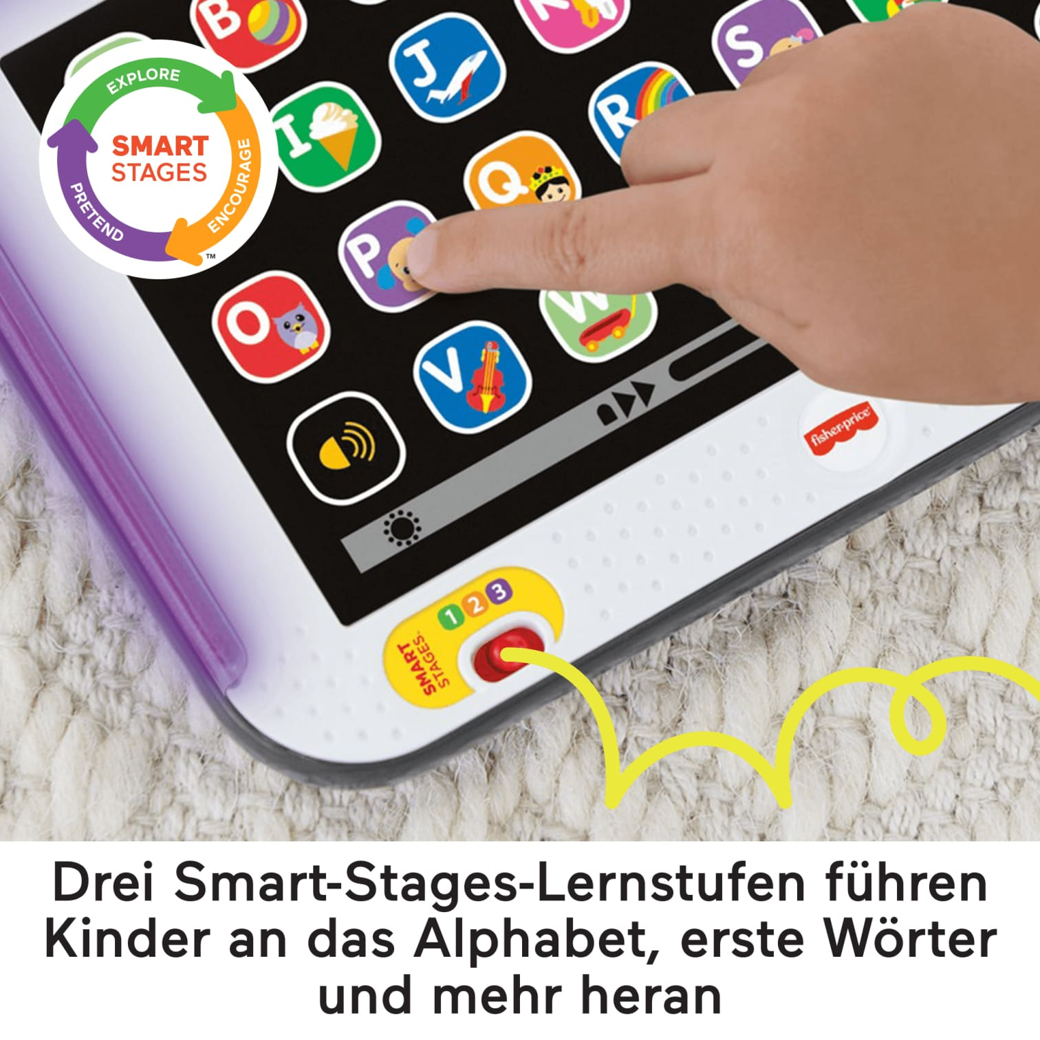 Un doigt touche une tablette colorée avec des icônes, conçue pour les enfants.