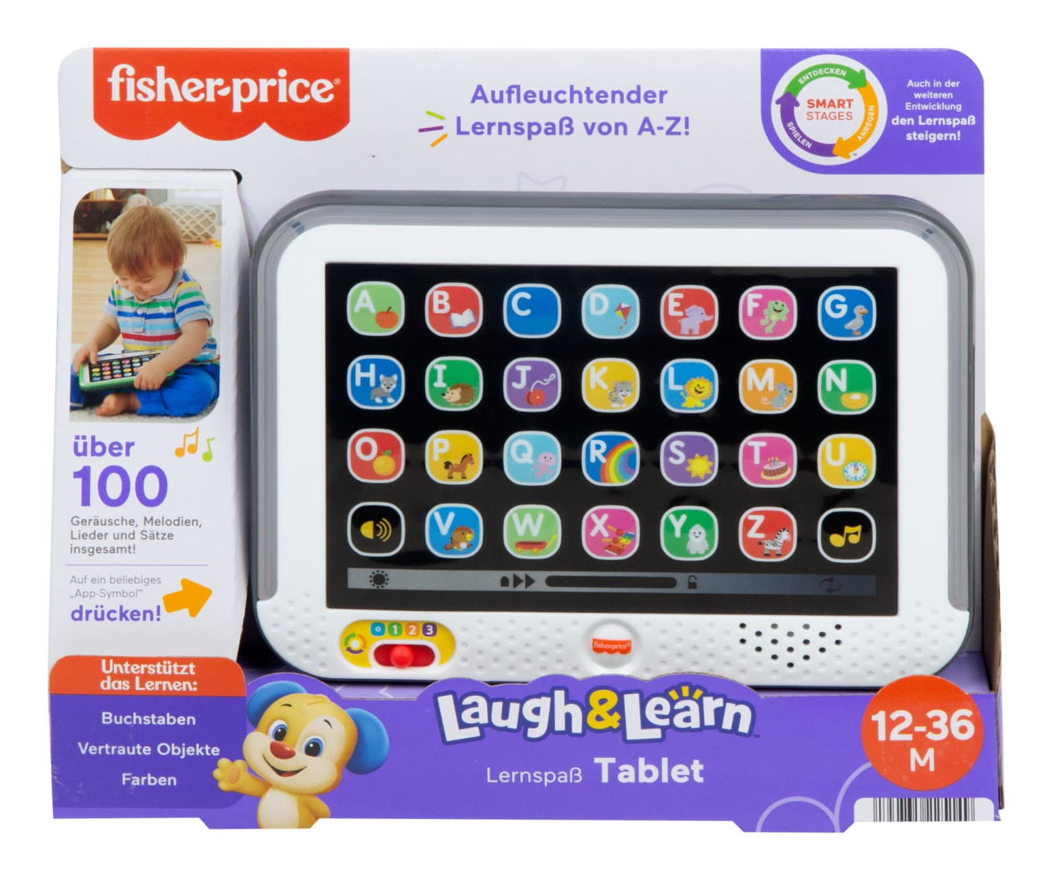 Tablette Fisher-Price Laugh & Learn avec lettres, images et chiffres.