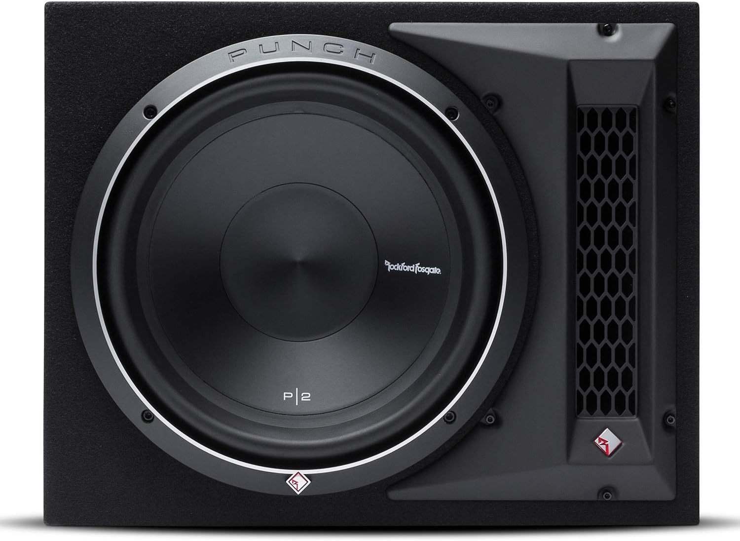 Ein schwarzer Rockford Fosgate P2 Subwoofer in einer schwarzen Kiste mit silberner Zierleiste.