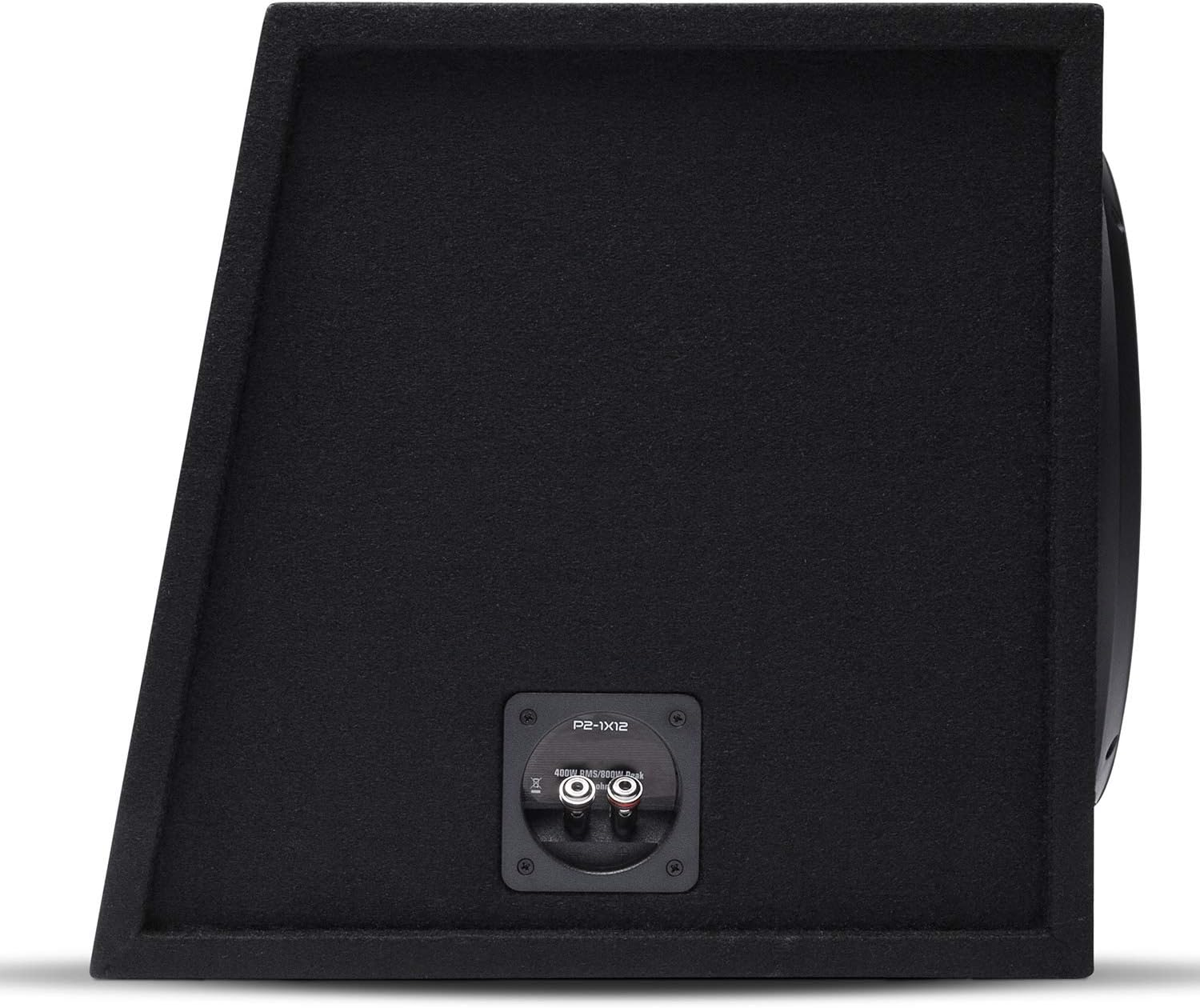 Schwarze, texturierte Subwoofer-Box mit Lautsprecheranschlüssen und Modellinfo.