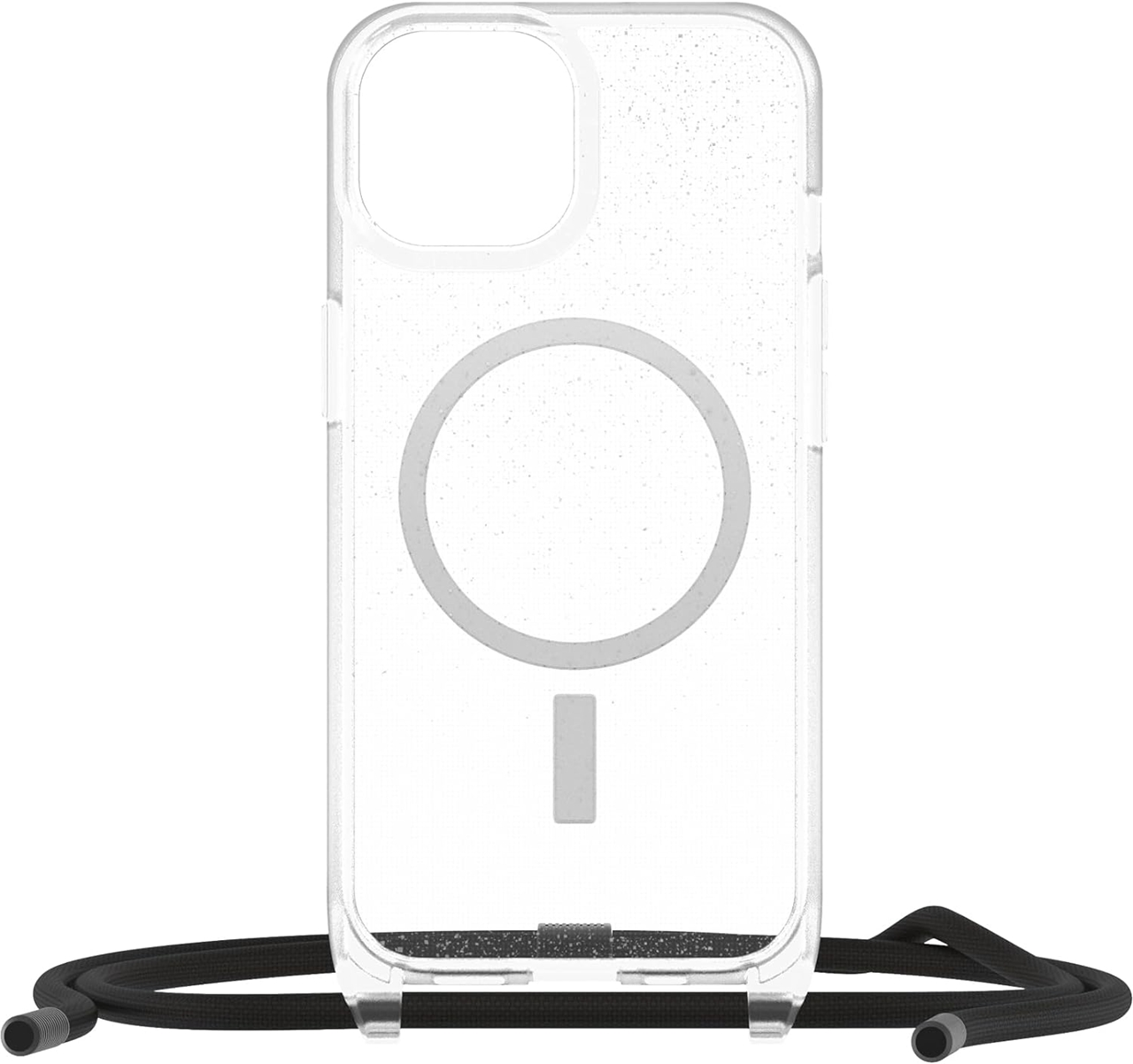 Transparente Handyhülle mit MagSafe-Ring und schwarzer Trageschlaufe.